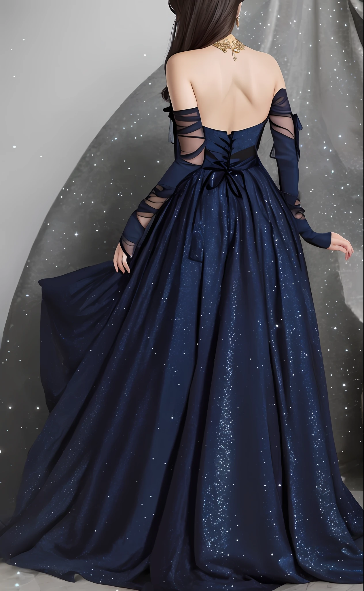 1girl, wearing this dress, beautiful, long hair, from behind, fantasy dress, decorative dark blue clothing, magical dress, black gothic lolita dress, regal dark blue clothes, dark astral dress, gold brocaded dark blue clothes, elegant dark blue dress, dark blue and black, dark blue clothes, wearing fantasy formal clothing, big dark blue ribbon in back waist, shinning, glitter