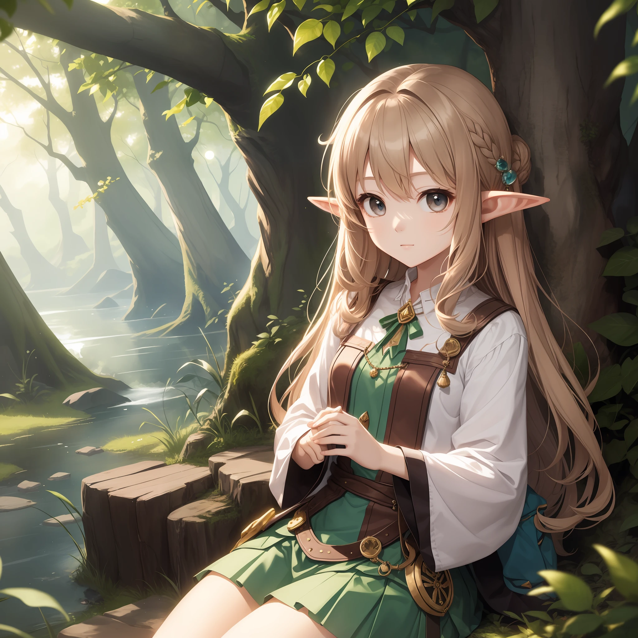 Fantastic forest、kawaii girl、Longhaire、Light brown hair color、elvish、slightly longer ears、Two Fairies、a skirt、Attractive eyes、aged 16
