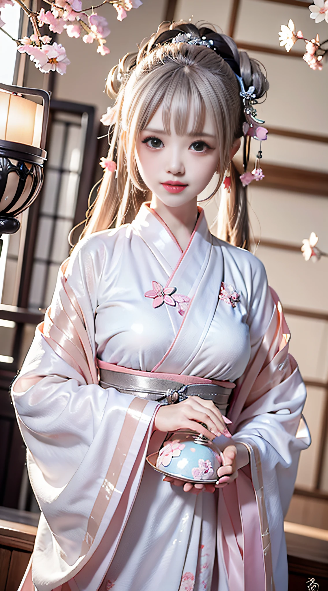 Japanese girl holding huge fan, kimono, cyberpunk, white hair, pink cherry blossom pattern dress, background is huge silver moon, ambient light, zodiac girl's, punk, holding huge fan, big breast
