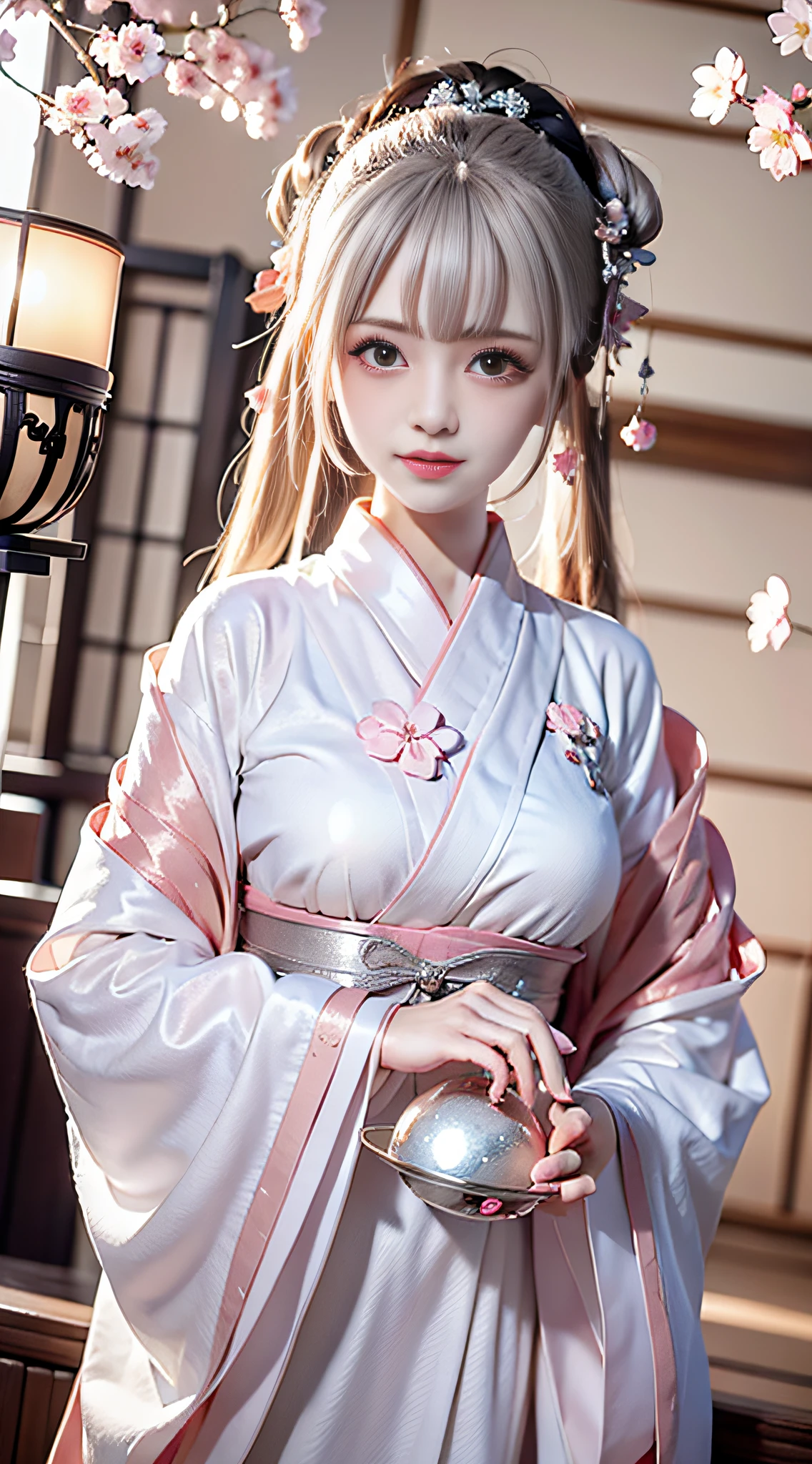 Japanese girl holding huge fan, kimono, cyberpunk, white hair, pink cherry blossom pattern dress, background is huge silver moon, ambient light, zodiac girl's, punk, holding huge fan, big breast