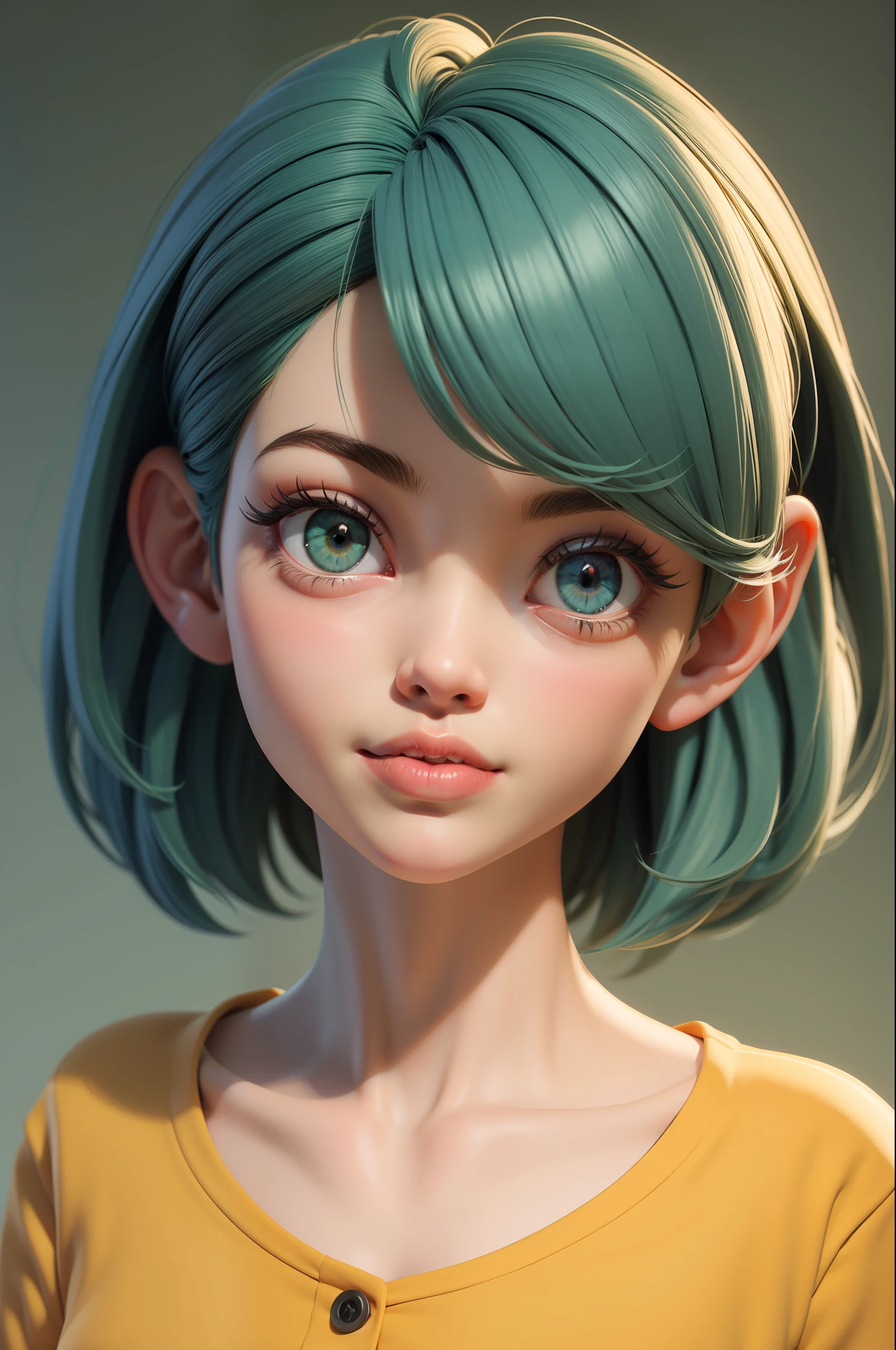 obra-prima, melhor qualidade, trabalho de rending 3d, estilo 3DMM, close-up, retrato, 3D, 1girl, solo, cabelo multicolorido, cabelo amarelo, cabelo laranja, colar, sardas, joias, cabelo de dois tons, olhando para o lado, realista, de corpo inteiro, fundo simples claro, franja, olhando para longe, cabelo curto, separated-lips, olhos verdes,gotic, gargantilha, maquiagem, vestido amarelo