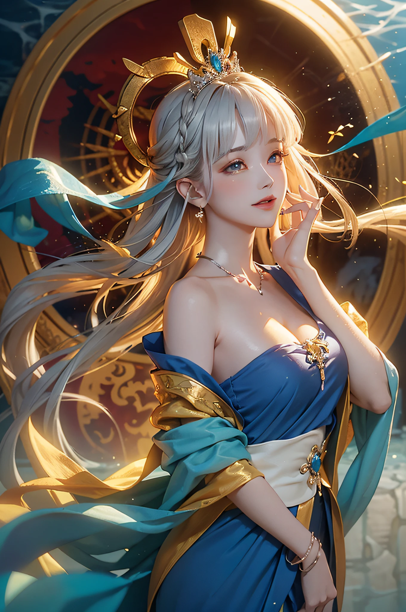 Realistic, (巨作, Top quality, Best quality, offcial art, Beautiful and aesthetic:1.2), ighly detailed,s fractal art,rich colour,Most detailed,dynamic angle,(Underwater Dragon Palace Kingdom,The surface of the water is rippling)1girl huge large breasts,A princess,with silver hair,eyes with brightness,happy tears, upturned eyes, pupils sparkling,Light smile,(Normal fine palms,Detailed hand details)hime-cut,Hair combed back,Gorgeous princess tiara,Gorgeous blue-blue and white robes,Open cloth,fromabove