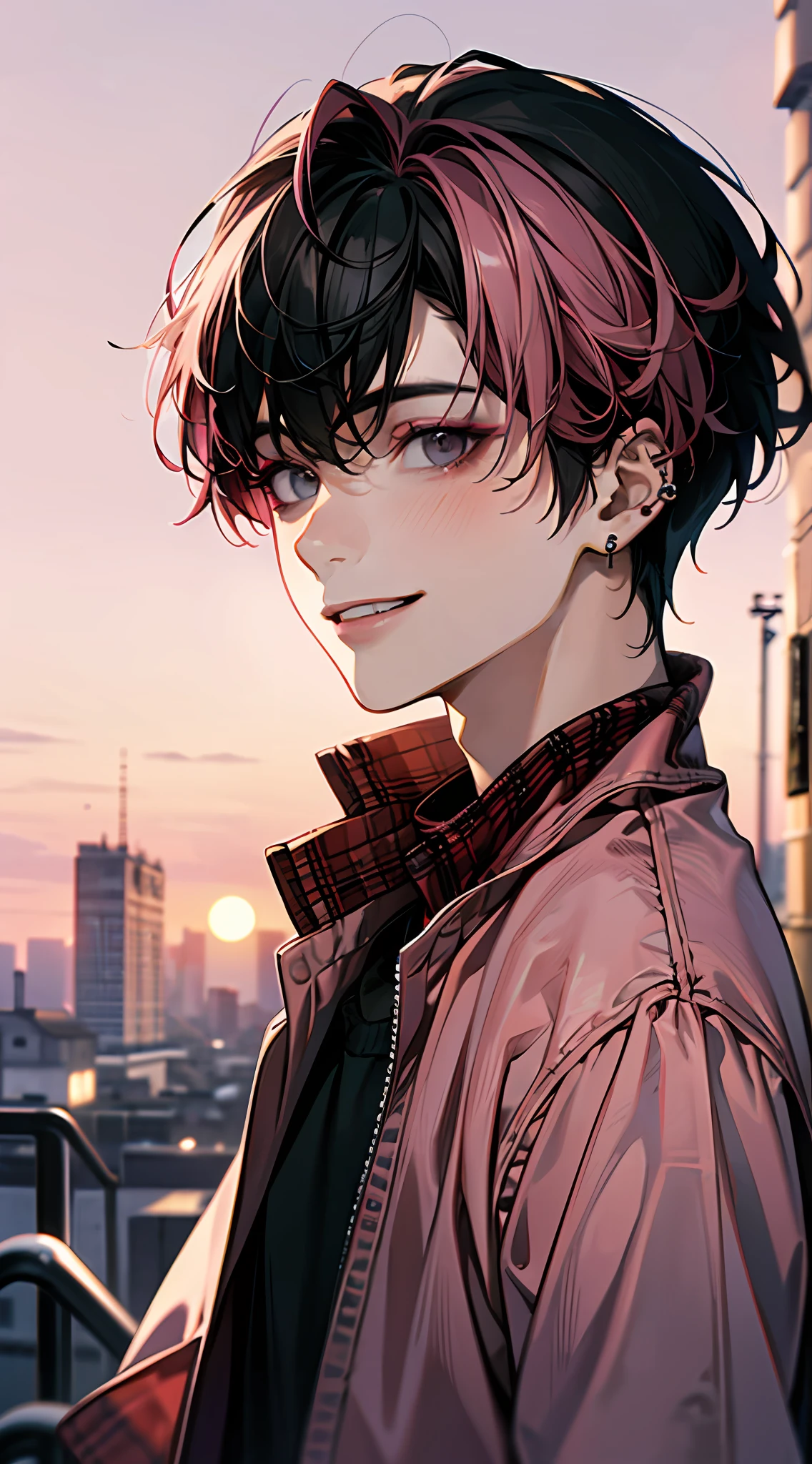 ((masterpiece)), best quality, ultra-detailed, floating, high resolution, (1 boy), grey eyes, (pink hair|black hair), short hair, pink clothes, piercings, smile, Androgyne, soft pink light, makeup, Casual clothing, Lavender sunset, Latex
