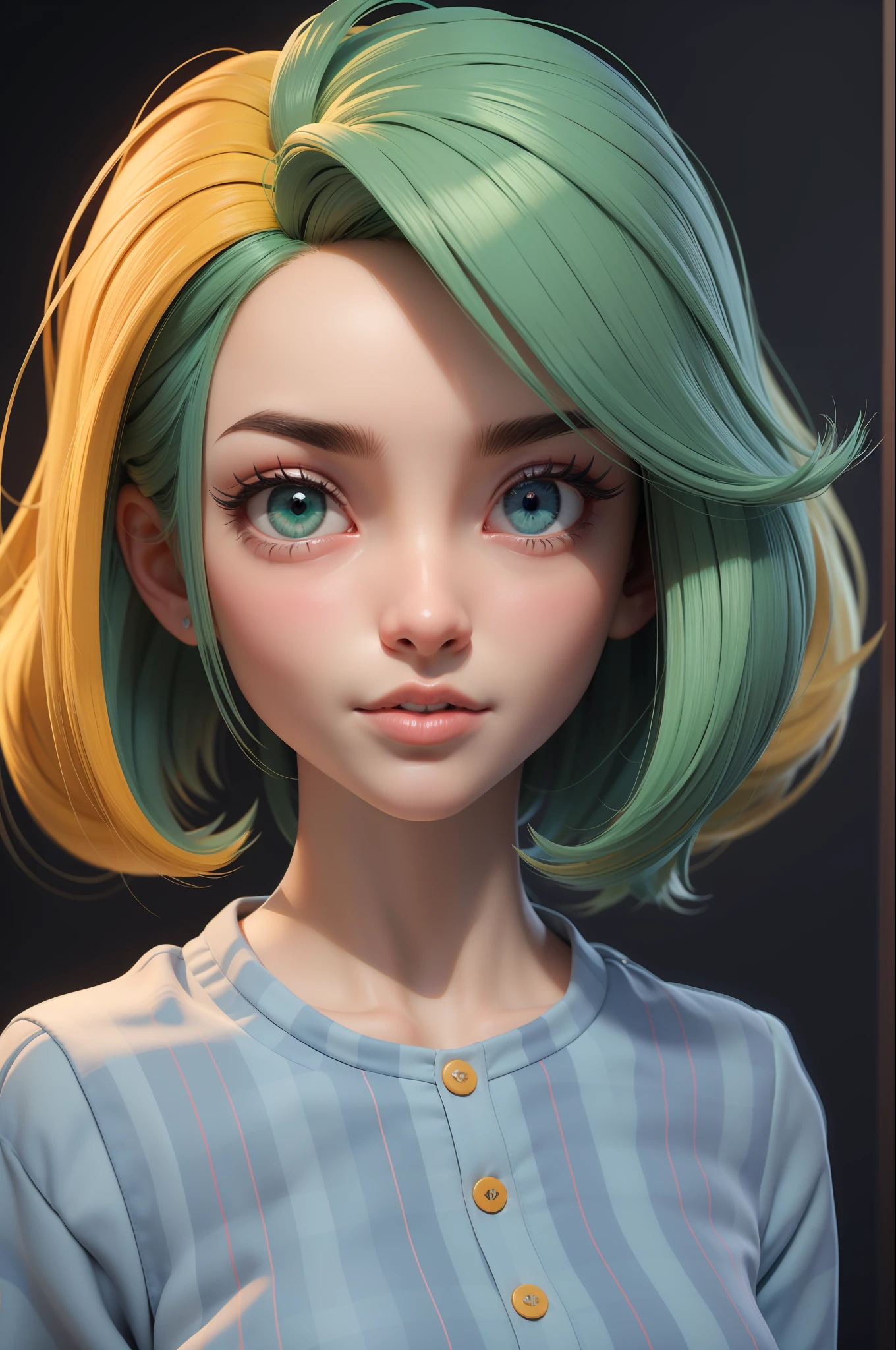 obra-prima, melhor qualidade, trabalho de rending 3d, estilo 3DMM, close-up, retrato, 3D, 1girl, solo, cabelo multicolorido, cabelo amarelo, cabelo laranja, colar, sardas, joias, cabelo de dois tons, olhando para o lado, realista, de corpo inteiro, fundo simples claro, franja, olhando para longe, cabelo curto, separated-lips, olhos verdes,gotic, gargantilha, maquiagem, vestido amarelo