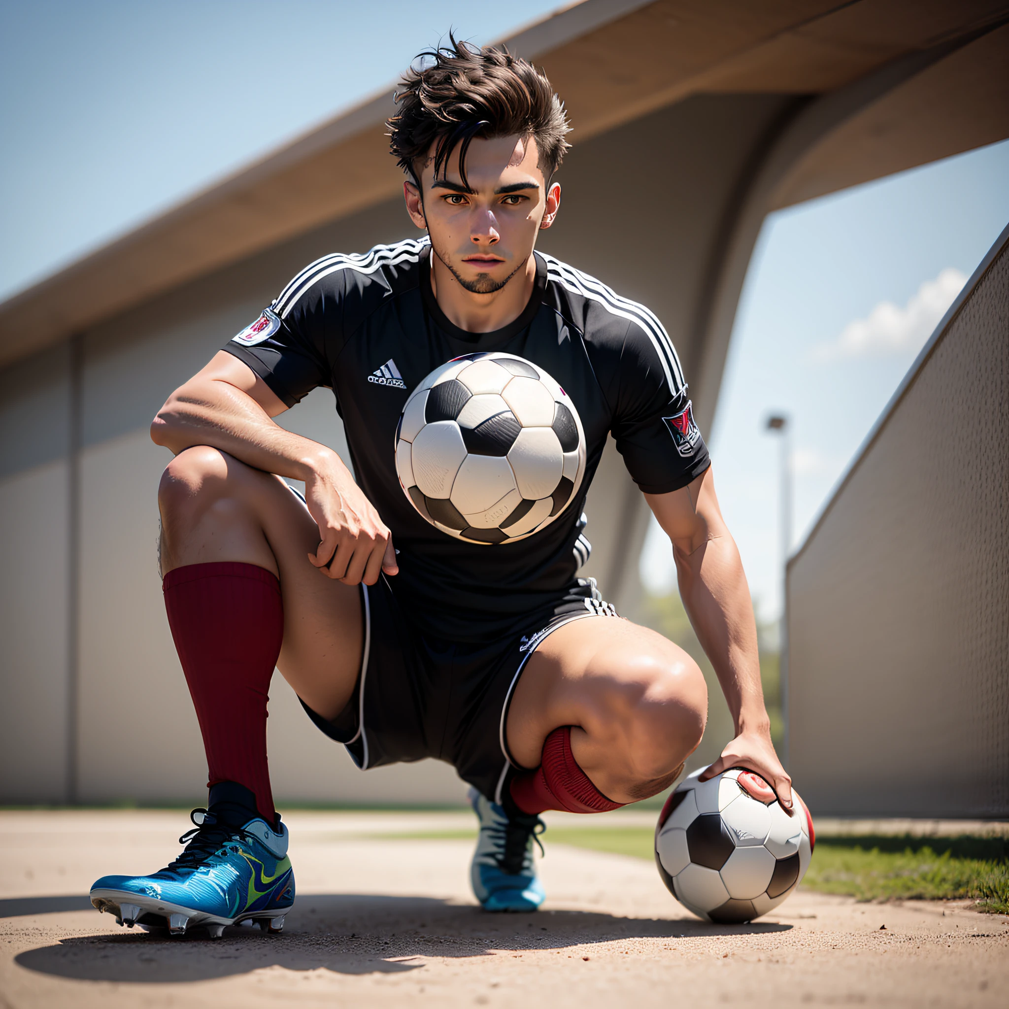Male soccer player with red and black equipment with alternating lists with a soccer ball on his feet --auto