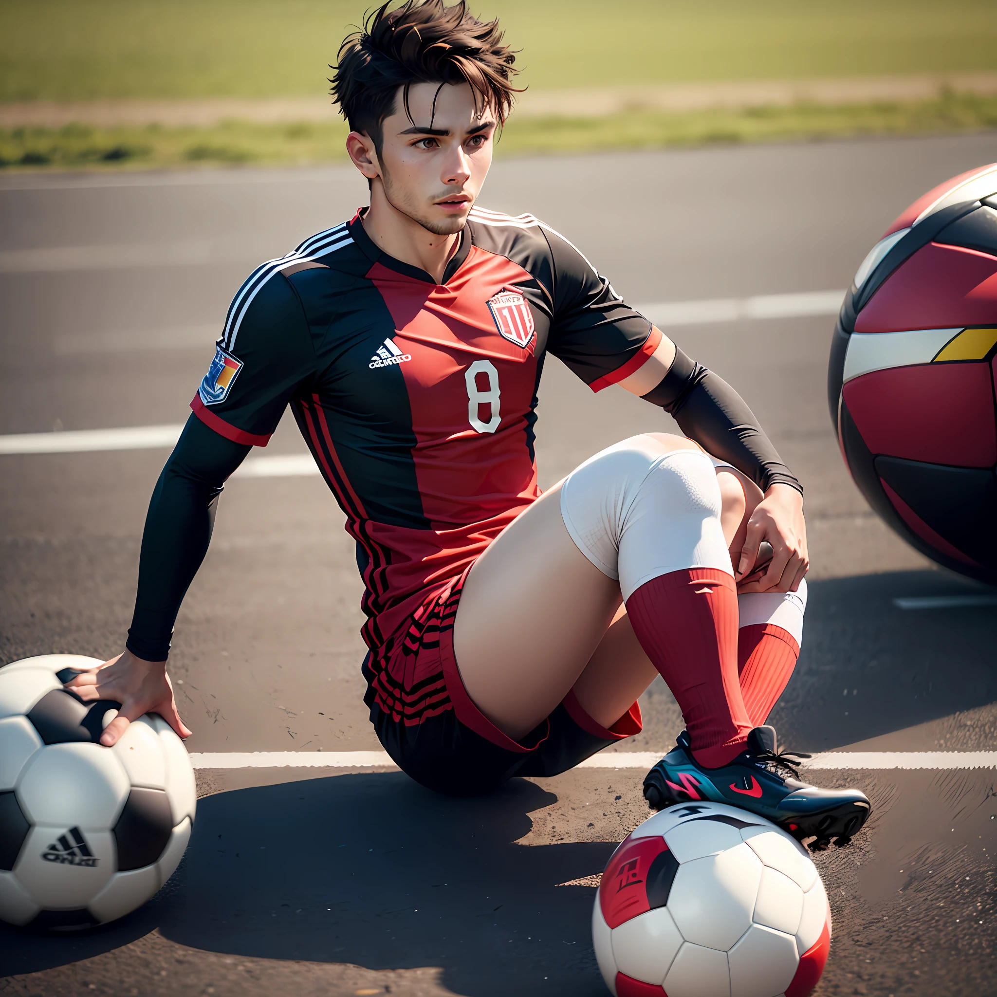 Male soccer player with red and black equipment with alternating lists with a soccer ball on his feet --auto