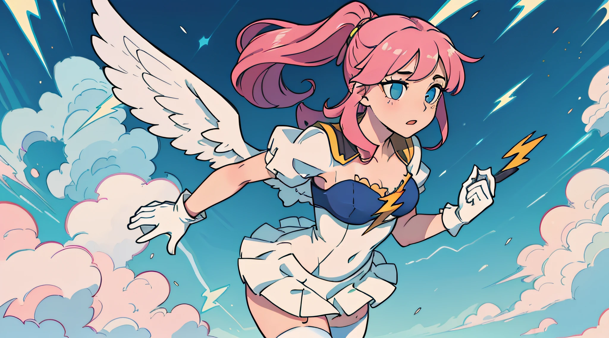 ((Masterpiece)), 1girl, flying through the sky, (Elizabeth liones_seven deadly sins), white leotard, white pleated skirt, pink tight gloves, ruffled stockings, beautiful wings, perfect body, sexy body, petite, super beautiful, panorama, side view, looking away, ((beautiful eyes)), highly detailed, best quality, masterpiece, absurderes, cinematic lightning