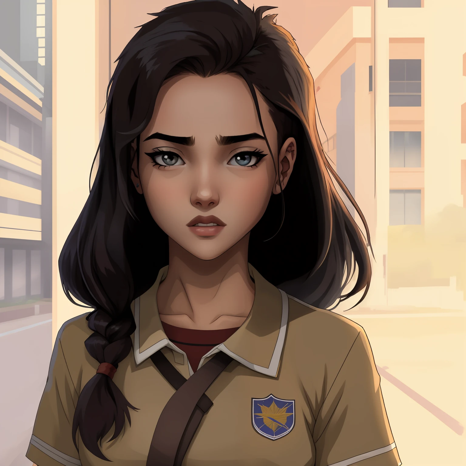 Jovem garota delinquente colegial, brasileira, messy hair, olhos claros azuis, estranha, esquisita, personagem 2d