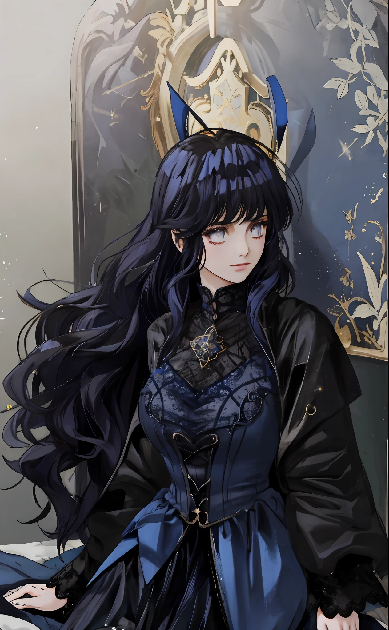 1girl, wearing this dress, beautiful, long hair, from front, fantasy dress, decorative dark blue clothing, magical dress, black gothic lolita dress, regal dark blue clothes, dark astral dress, gold brocaded dark blue clothes, elegant dark blue dress, dark blue and black, dark blue clothes, wearing fantasy formal clothing, big dark blue ribbon in back waist, shinning, glitter