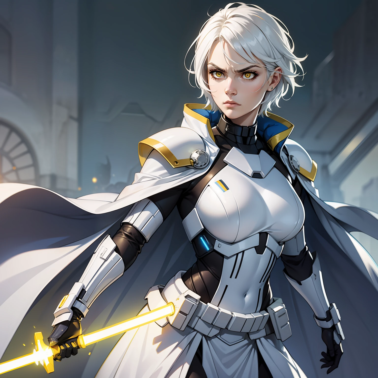 Yellow lightsaber in hand, short hair, serious face, combat attire, white hair, yellow eyes, white armor, android, human appearance, adult female, white dress cape