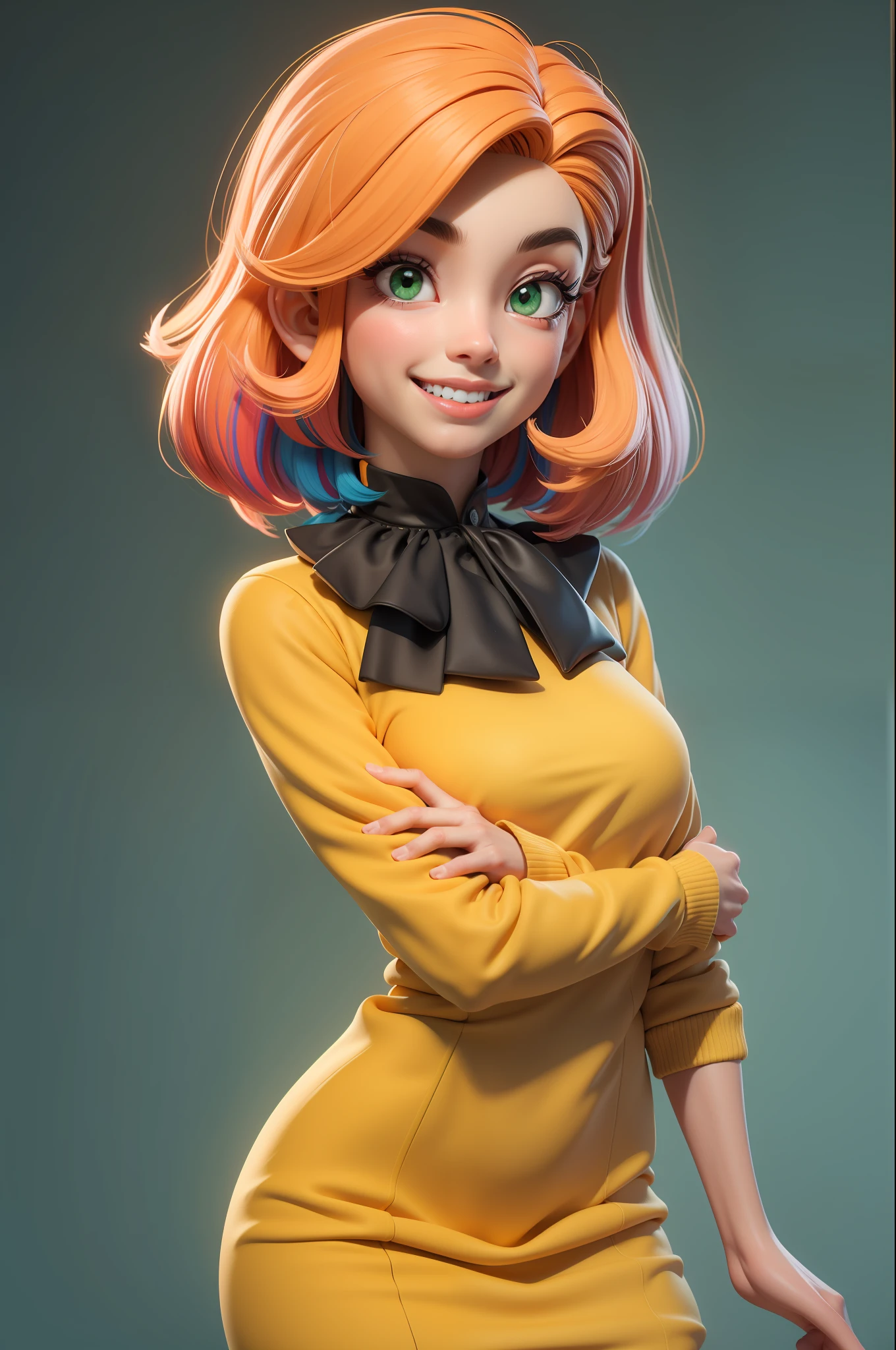 obra-prima, melhor qualidade, trabalho de rending 3d, estilo 3DMM, 3D, 1girl, solo, cabelo multicolorido, cabelo amarelo, cabelo laranja, colar, sardas, joias, cabelo de dois tons, olhando para o lado, realista, de corpo inteiro, fundo simples claro, franja, olhando para longe, cabelo curto, separated-lips, olhos verdes,gotic, gargantilha, maquiagem, vestido rosa claro, sorrindo, lindos dentes