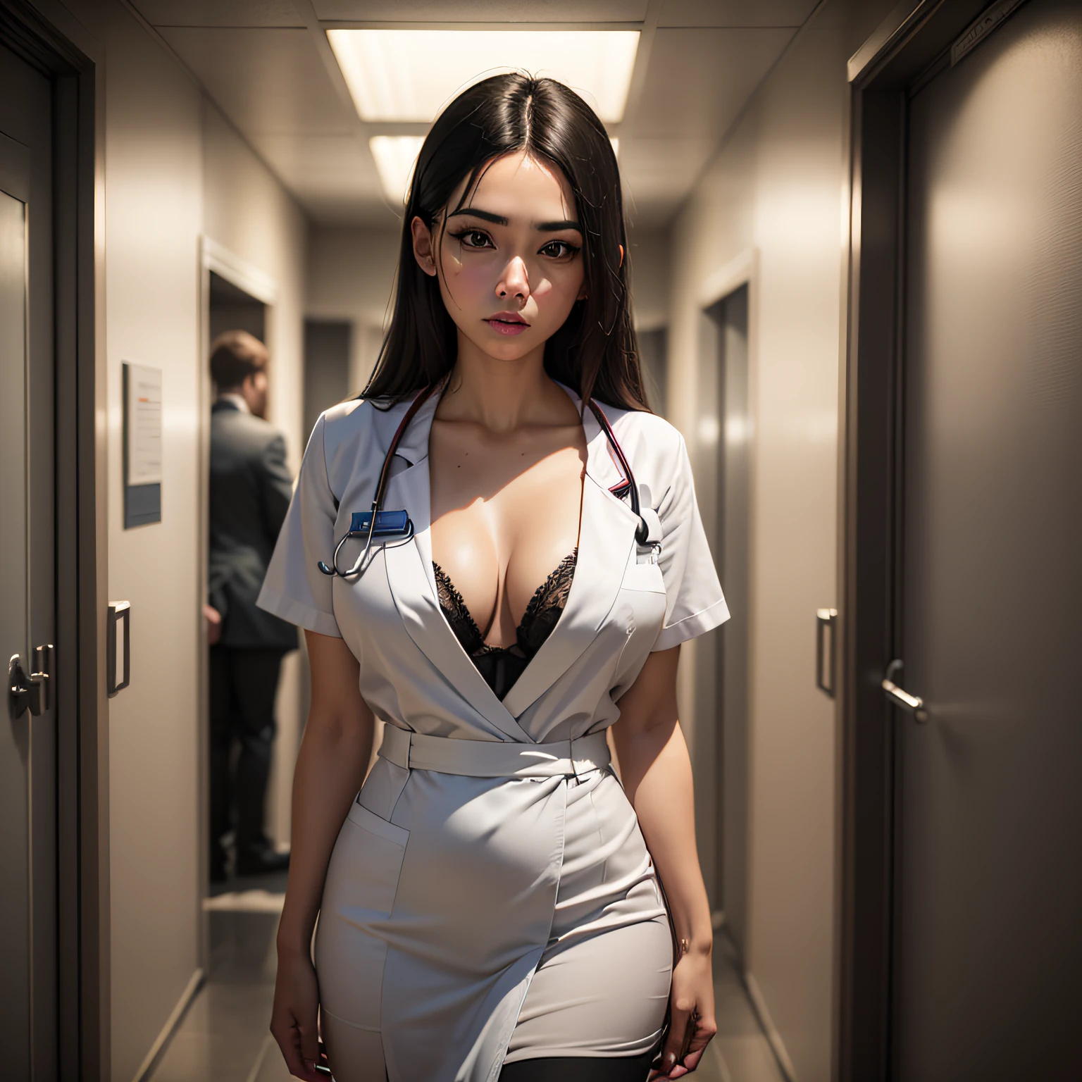 An image of a seductive woman dressed as a provocative doctor in the emergency room. Seu traje combina um jaleco de decote profundo com uma saia curta, revealing his confidence and joviality. O fundo mostra o ambiente movimentado e intenso do pronto-socorro, criando um contraste cativante.