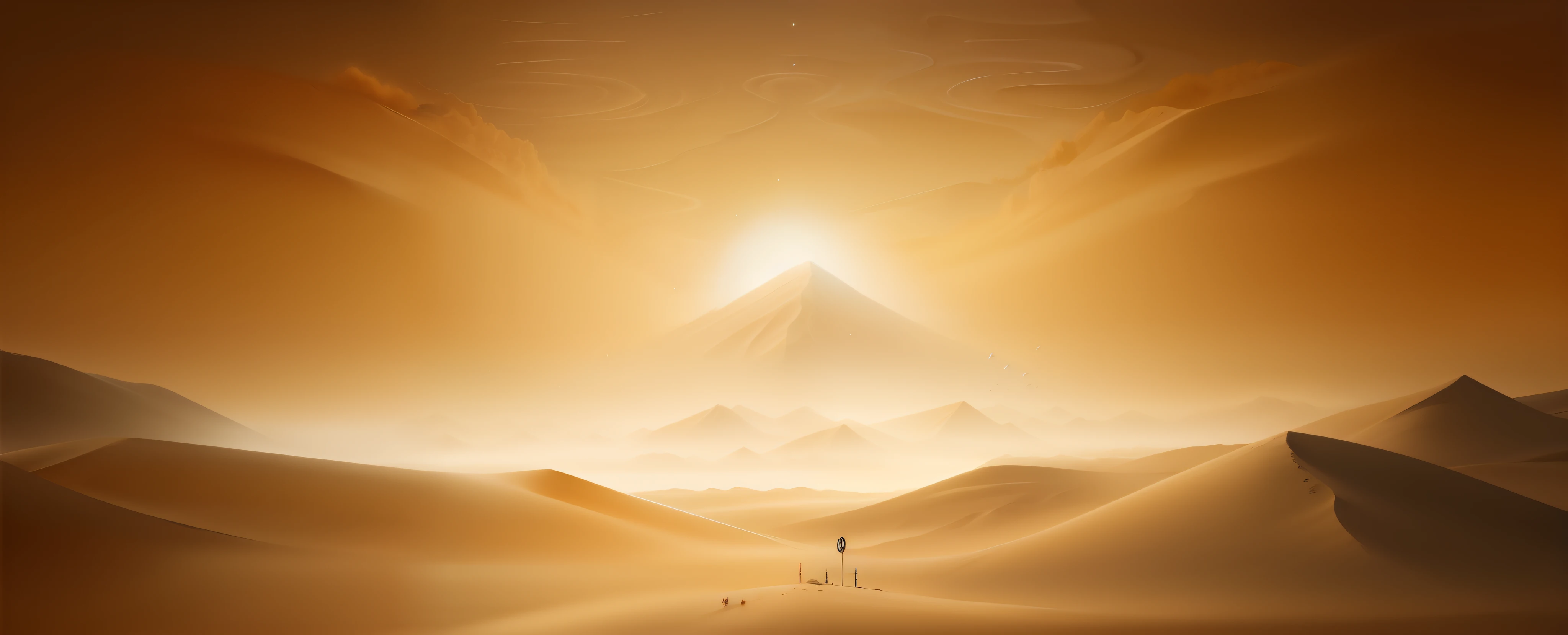 There is a picture of a desert scene,There is a horse in the foreground, Sand desert fantasy, golden mountain in the desert, cinematic silk road lanscape, deep golden sand desert, Desert background, somewhere in sands of the desert, steampunk desert background, sand storm, background artwork, harmony of desert, sand and desert environment, during sandstorm, dust and sand in the air