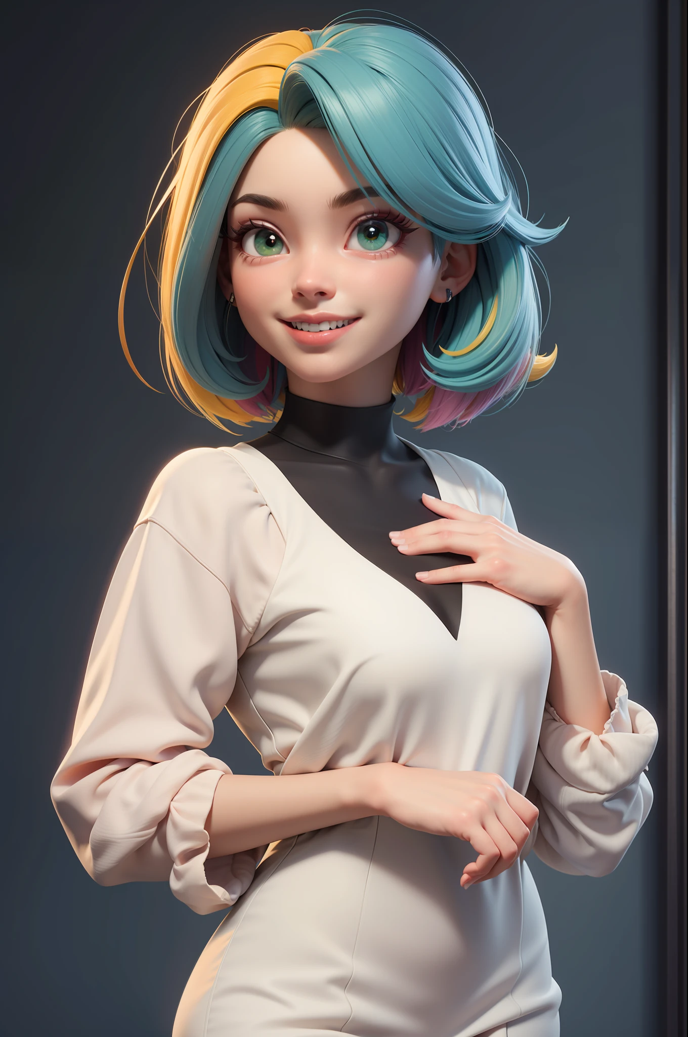 obra-prima, melhor qualidade, trabalho de rending 3d, estilo 3DMM, 3D, 1girl, solo, cabelo multicolorido, cabelo amarelo, cabelo laranja, colar, sardas, joias, cabelo de dois tons, olhando para o lado, realista, de corpo inteiro, fundo simples claro, franja, olhando para longe, cabelo curto, separated-lips, olhos verdes,gotic, gargantilha, maquiagem, vestido rosa claro, sorrindo, lindos dentes