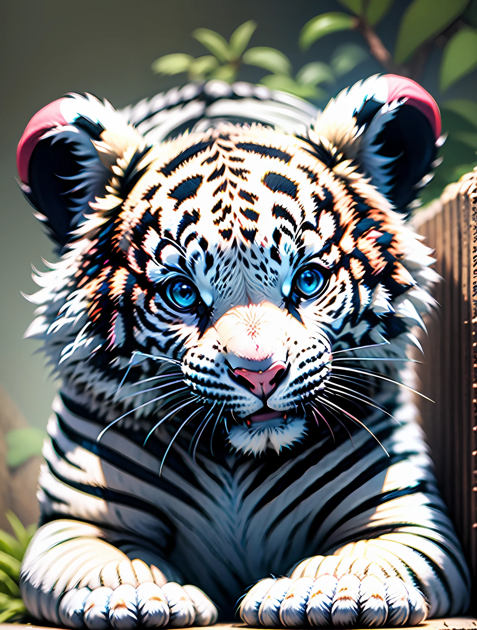 Kawaii  white tiger, smiling at viewer, wearing a pretty necklace