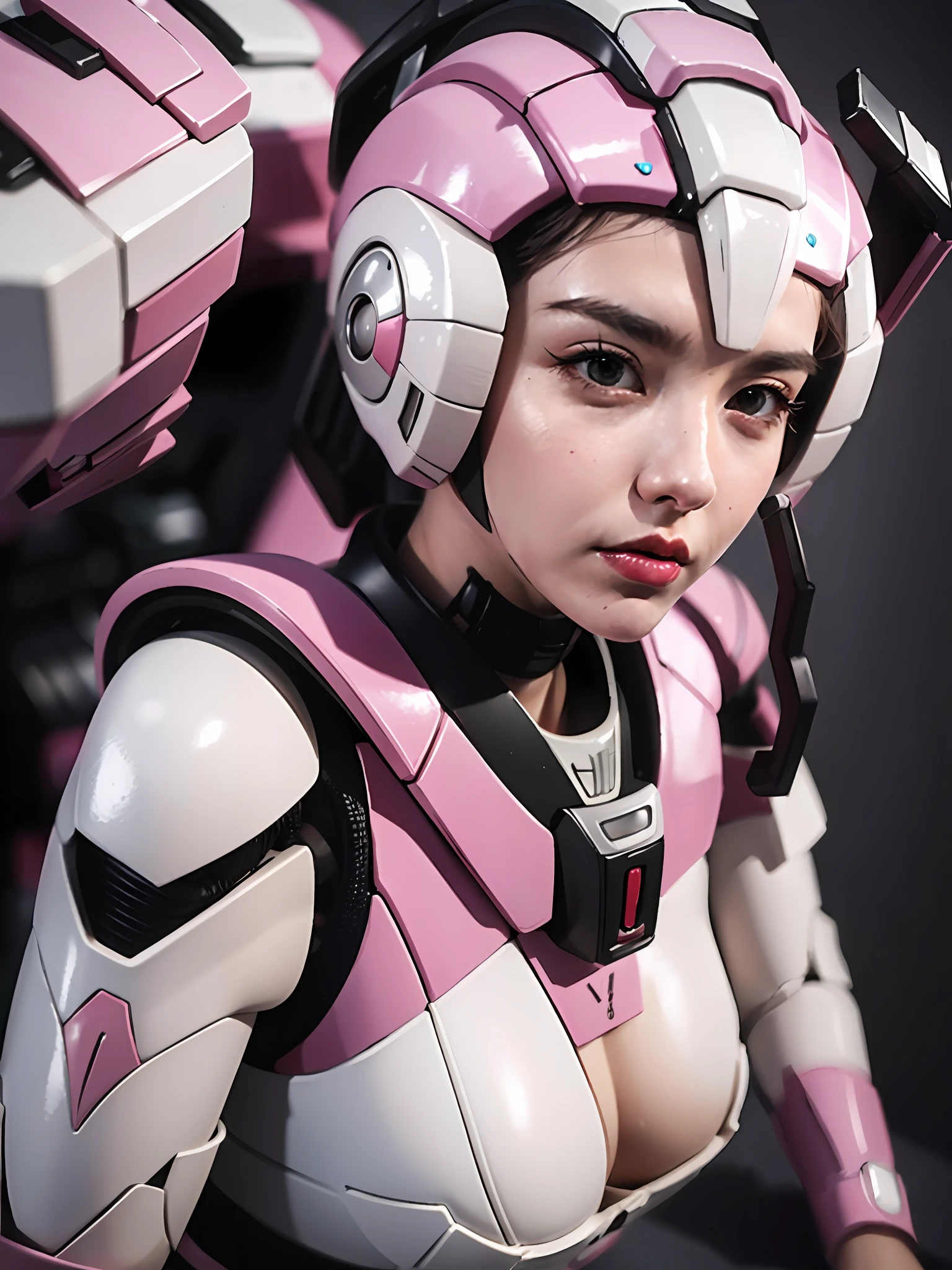 Close up portrait of Asian gir, with bangl, wear pink armor, araffe in a pink and white suit holding a pink and white gun, streamlined pink armor, slick pink armor, sharp silver armor fuchsia skin, gynoid cyborg body, action figure mecha, female mecha, biomechanical oppai, pink body, thick smooth warframe thighs, girl in mecha cyber armor, show cleavage, big boobs