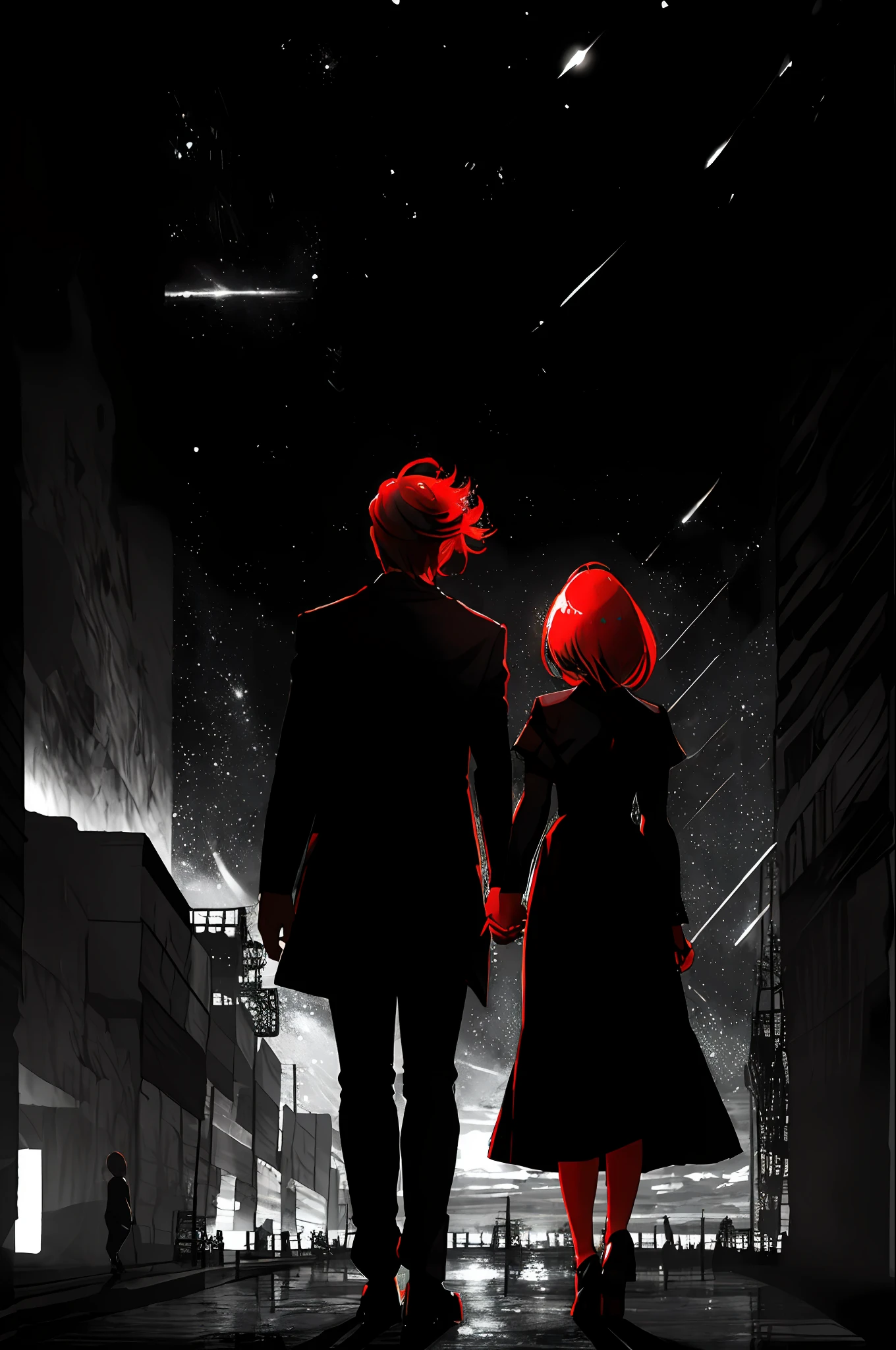 (woman and man, black short hair, red tips) ,night, from behind,  shoes, holding hands