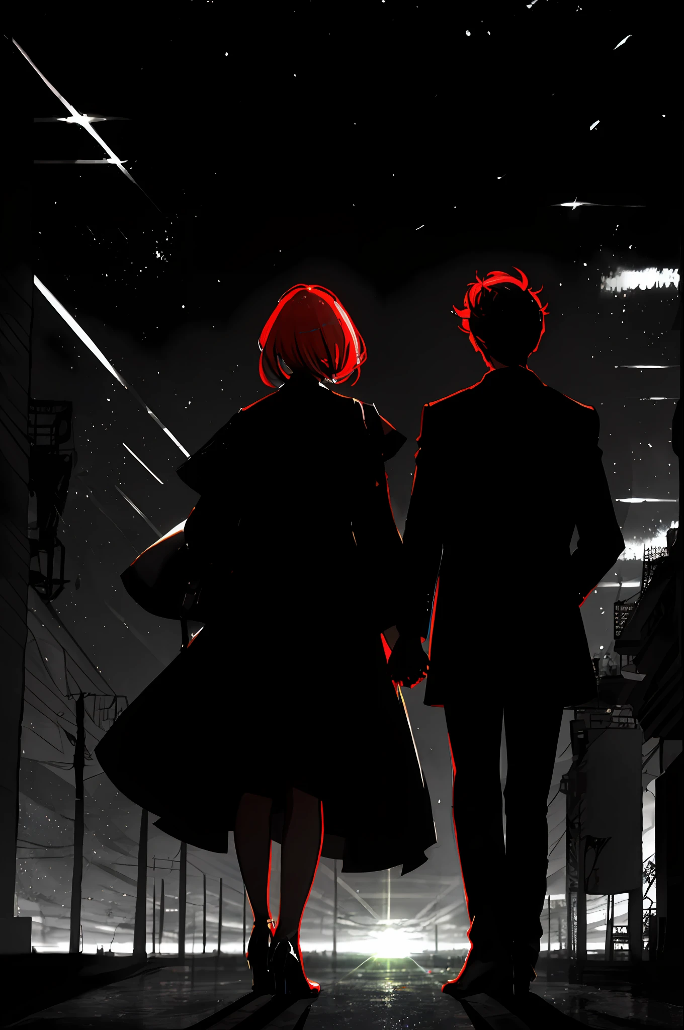 (woman and man, black short hair, red tips) ,night, from behind,  shoes, holding hands
