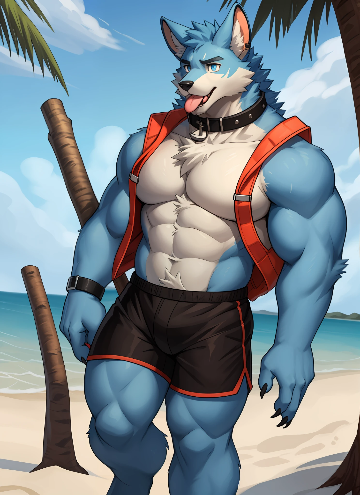 独奏，1boys， Male focus， very muscular， chest muscle， mucular male， Briefs， Sharp nails，sandbeach， Long hairs， Blue fur，Thick legs，独奏，solo person，swimshorts，There's only one person！Stick out your tongue，Cross your hands at the waist，Blue pupil，White lining，eye closeup，Barefoot，life jacket，body complet，Collar