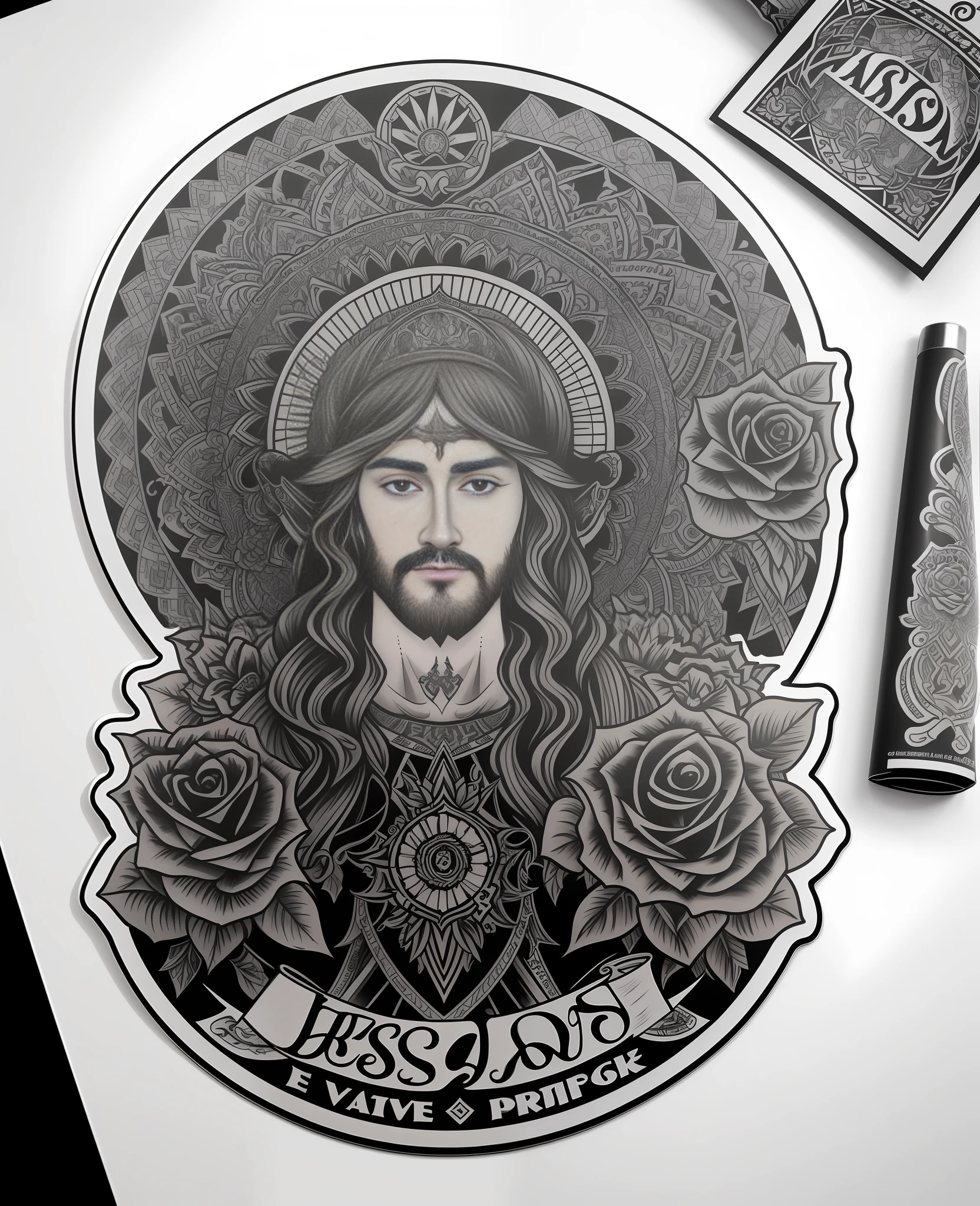 sticker、Black and gray tattoo、Chicano tattoo、Black and white expression、Jesus