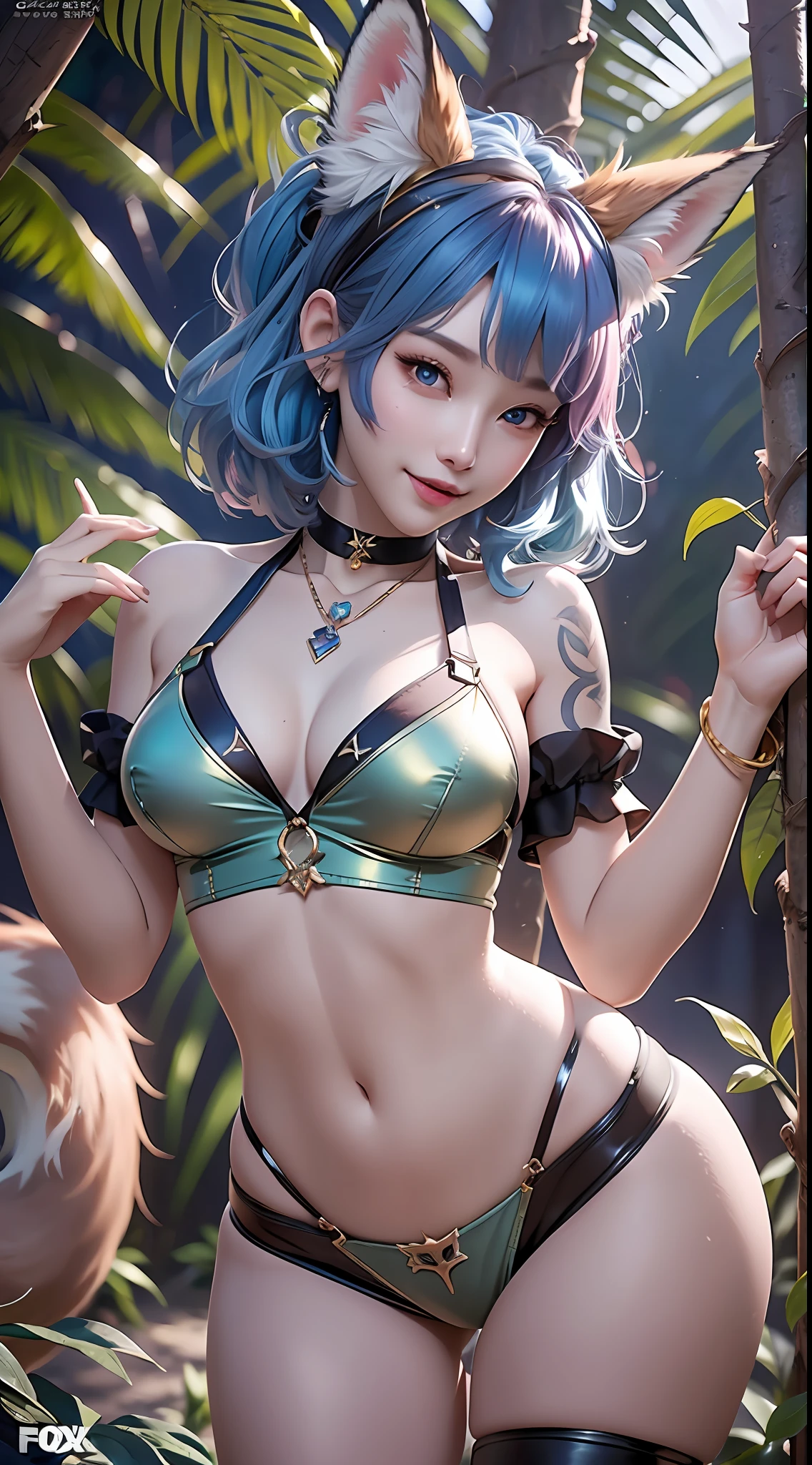 Sexy photorealistic lips bimbo thick lips wide hips thick hips small waist highly detailed hyperrealism ray tracing octane render, Perfect composition, professional quality, high resolution, Perfect background detailed background, tight bodysuit chest indentation areola protruding areolas open, beutiful, Masterpiece, 最好质量, Detailed image, Colorful, couleurs vives, (exterior, Nature, Jungle, log), 独奏, detailed face, perfect lighting, Perfect shadows, perfect eyes, Girl's Trick, Perfect hair, Cyan eyes, perfect face perfect hands perfect fingers perfect breasts perfection masterpiece, gorgeous body, hour glass, shiny body, a 1girl, 独奏, bare shoulders, Short Inch Hair, open mouth, big breastes, animal ears, ornaments, verd s eyes, blue hair, collarbones, hair band, décolleté, tattoo, a necklace, fox ears, Fox Girl, gemstone, fluffly, circle, fluffy woman, Body fur, white fur, Animal nose, Hair bandwidth, muzzle, two-tone fur, Choker, blue fur, loincloth, golden micro bikini, One Tail, ((( Cowboy shot, enticing, Fox smile))),Micro Bikini, small bikini, décolleté, side boobs, Sexual, teenaged, Lolita fluffy, seductive fluffy, Pink, Purple, White, Mint hair