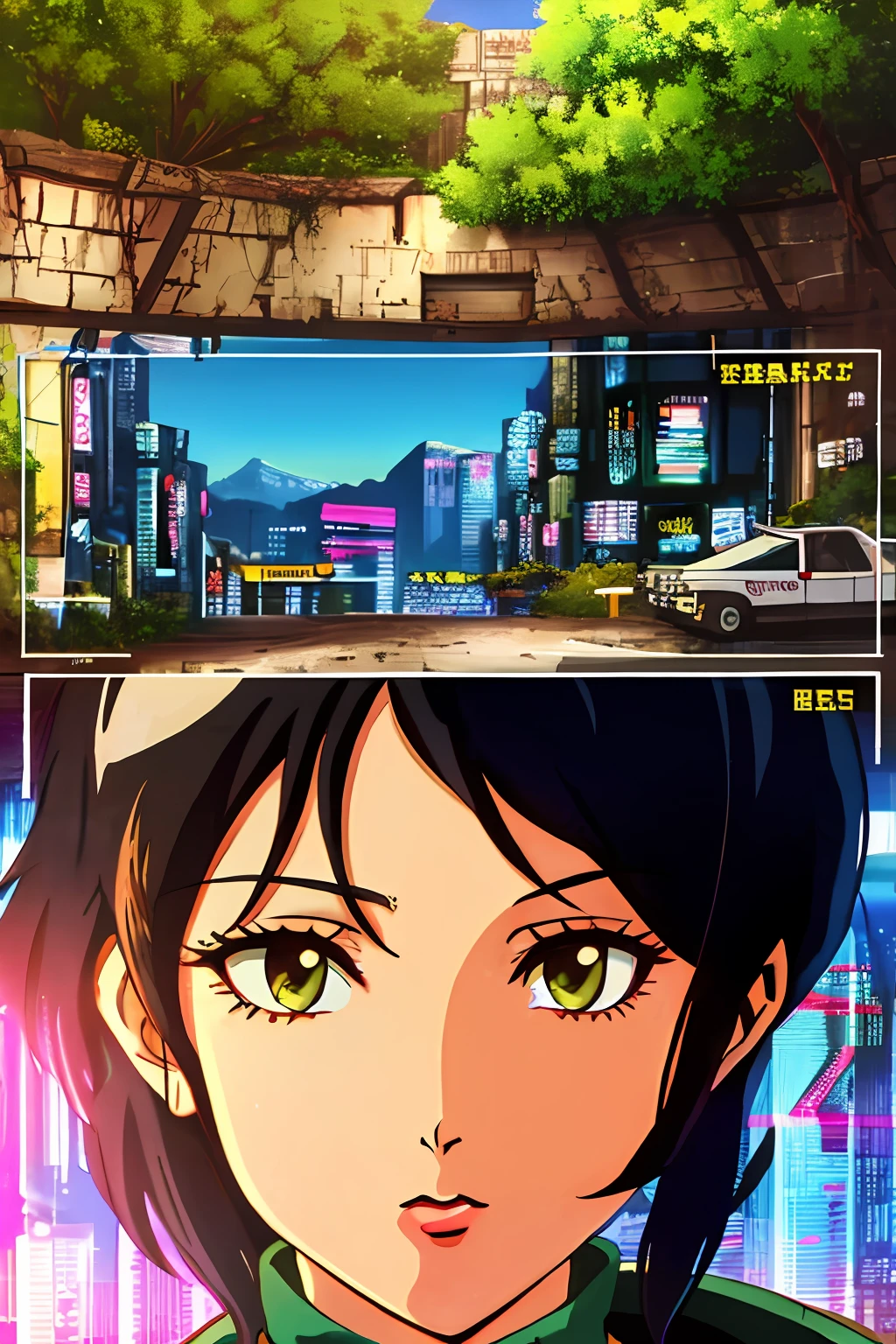 Imagery of a Young Knight, [female:1.25, black haired, beautiful, stern], (prerty face)resting beside a stone portal, close-up, [trees, mountains:-1], Cassette-Futurism Aesthetics, in the style of [GTA, Dishonored2, FF7, HoMM3], Drawn by Ayami Kojima & Peter Mohrbacher & Alena Aenami, (Theme of Retro-Futurism & Cyberpunk:1.5)