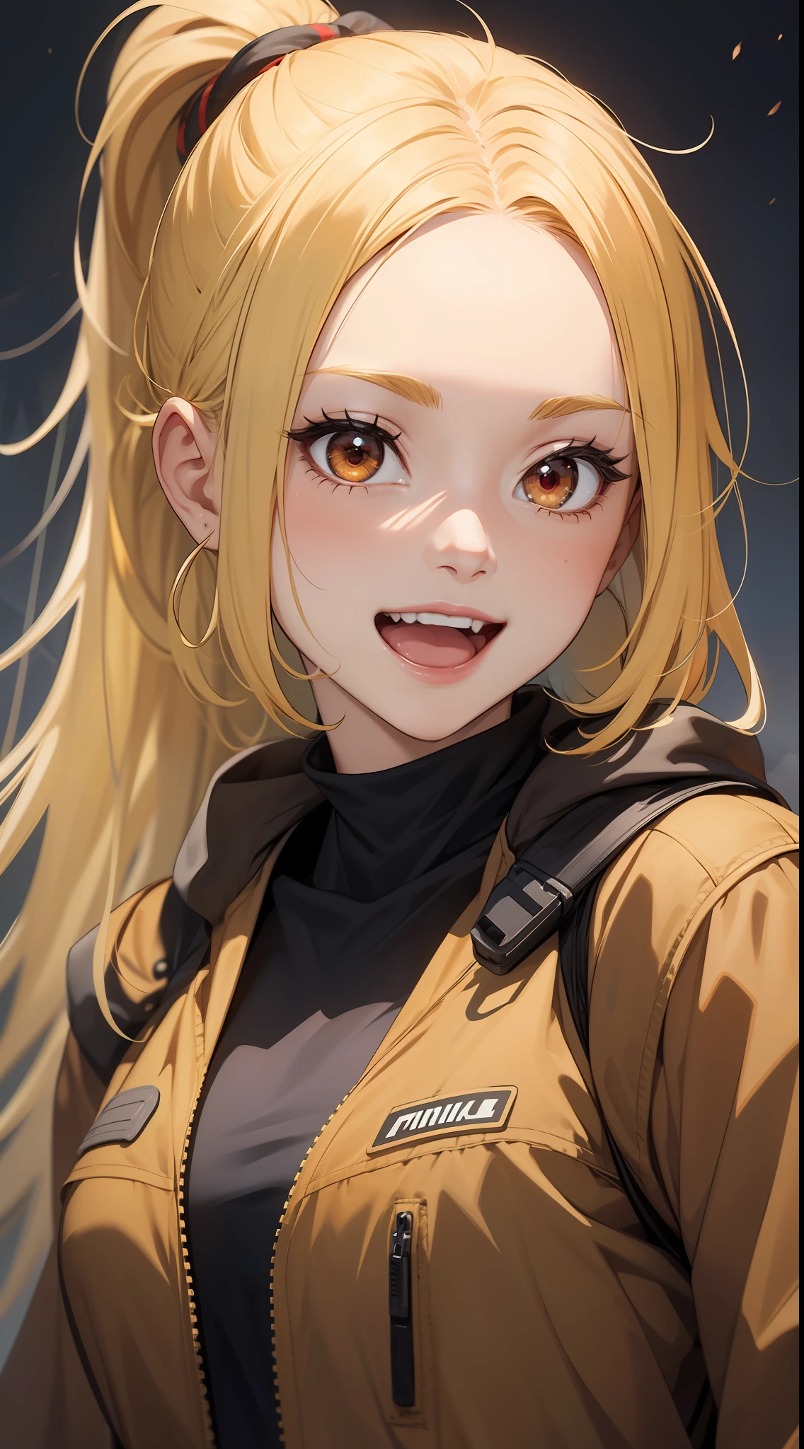 young girl, long yellow hair, high ponytail, red eyes, open Jedi form, Smile, open mouth, Masterpiece, high qulity