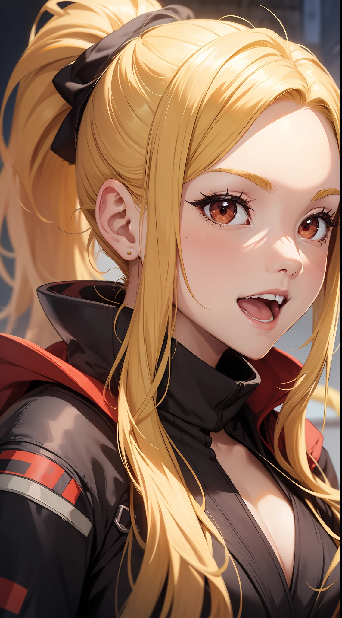 young girl, long yellow hair, high ponytail, red eyes, open Jedi form, Smile, open mouth, Masterpiece, high qulity