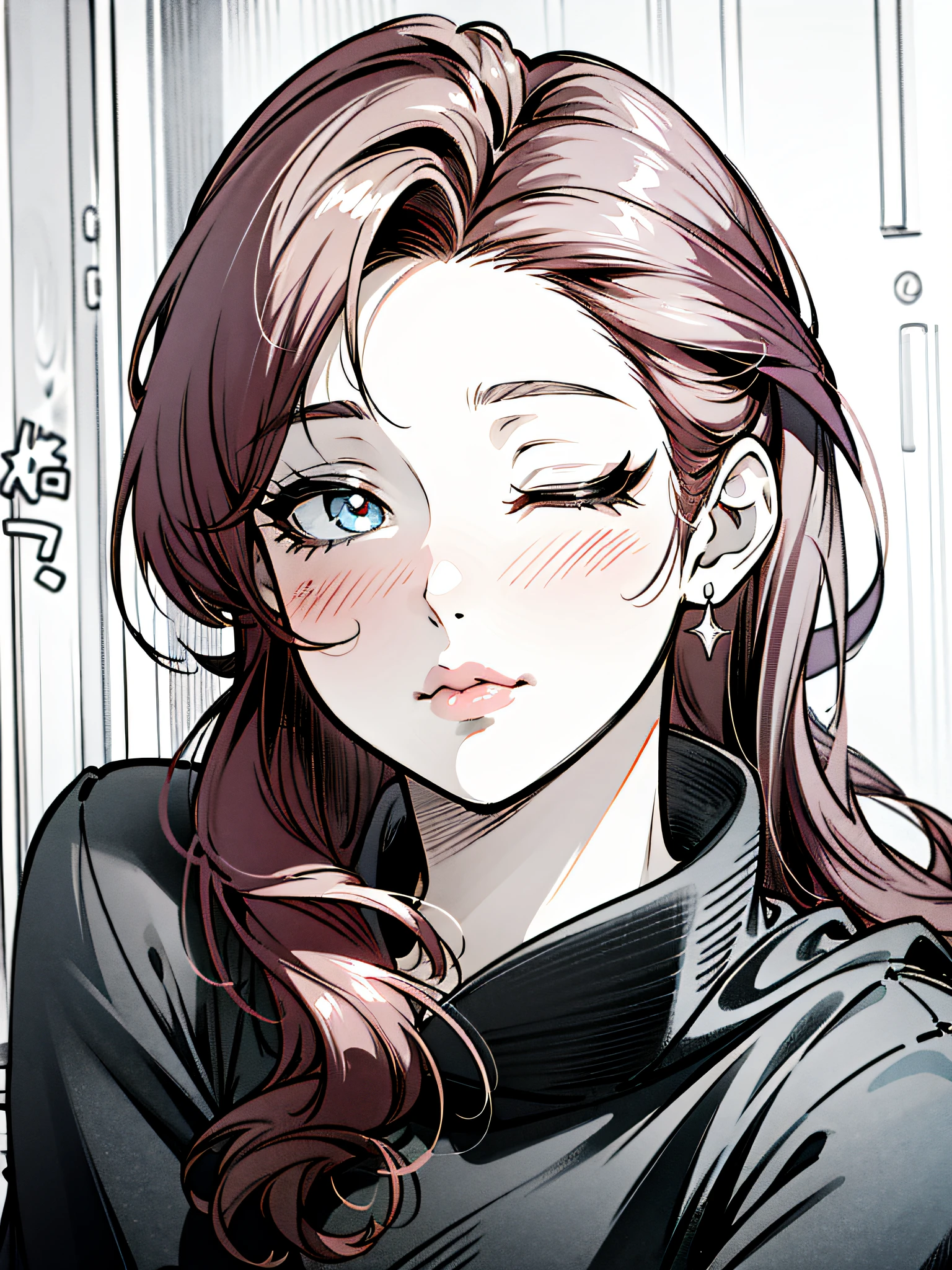 Long hair shawl, lovly, Teen girls, Pout, Pay attention to hair details, Anime comic style, Close your right eye, The left eye is open, wink, Delicate facial features, disney's princess, little mermaid, Room at home, black topwear, Thick lips, No hats, skin fair。, Red hair, One eye closed, puckered lips, Tsundere, Fujicolor, ultra high def, A high resolution, Textured skin, 巨作, ccurate，Black and white comics