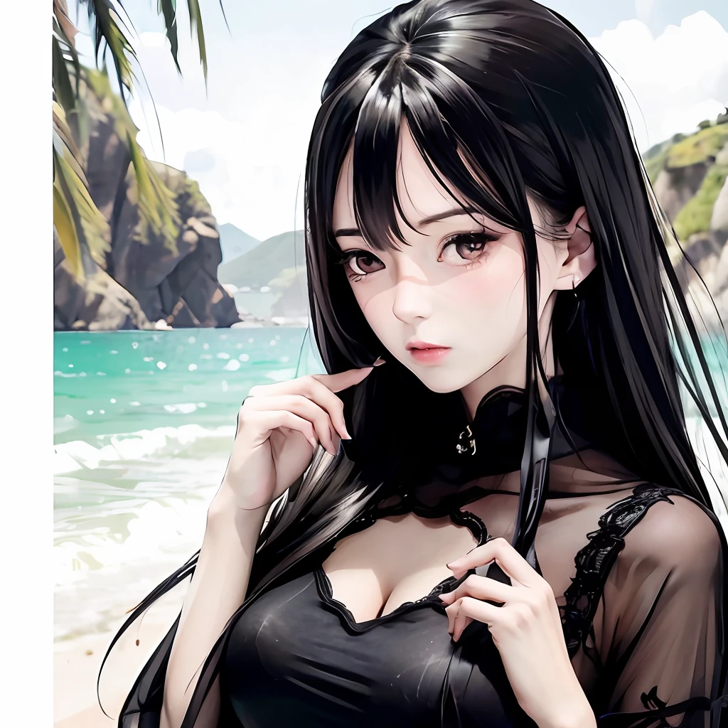 Create a male anime character with silky black hair gently sweeping across his forehead, capturing an embarrassed expression with his eyes and face looking slightly downwards. He is dressed in a sleek black shirt, emphasizing his slim figure. The artwork should be in passport size, allowing for an intimate portrayal of this character's demeanor. This character is inspired by the tranquil essence of the sea, incorporating elements of elegance, vulnerability, and mystery.