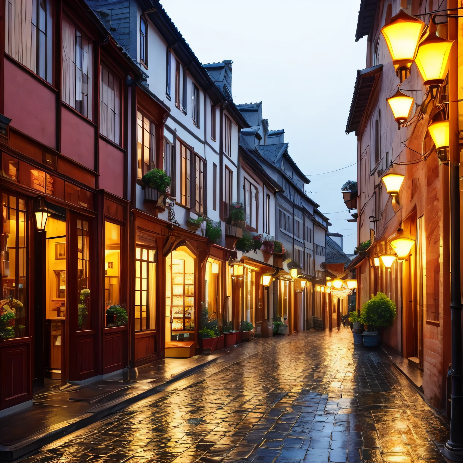 Ancient stone bricks are wet，Reflecting the soft glow of street lamps。The cobblestone roads in the alleys are cleanly and brightly washed，。European-style buildings are built along the street，

Rainwater drips from the eaves，Small droplets of water are formed，Falls on the street to form ripples。The windows lining the street display a wide variety of art and handicrafts，

People walk leisurely through European-style streets with umbrellas，You can see some cafes and small restaurants along the way，Their signboards bear the names of various delicacies and coffees。in the rain，Cafe lights --auto
