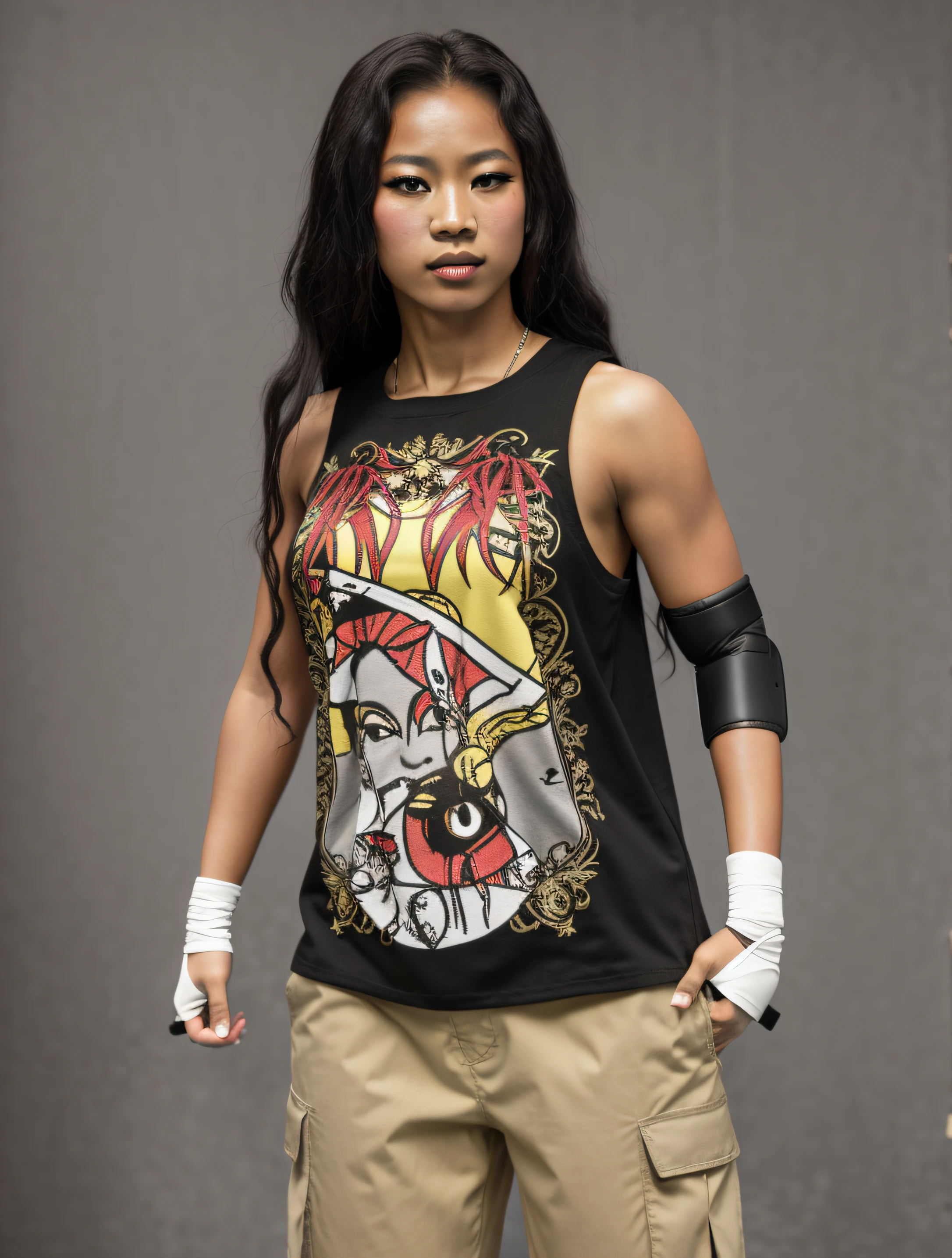 Blasian female wrestler, in black yellow red and grey shirt with a band logo, black elbow pad on the left arm, white hand-wraps, brown cargo pants, wearing eye-shadow, photo realistic, intricate details