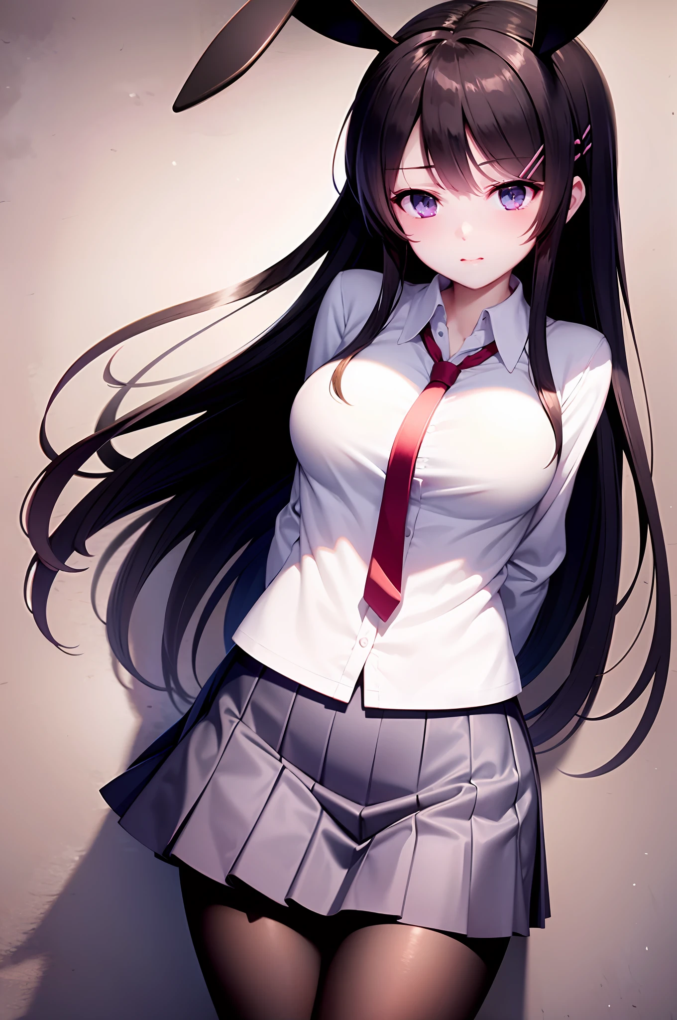 School uniform, white shirt, pantyhose, pleated skirt, tie, rabbit ears, mayijan, faint smile, mid_breats, best quality