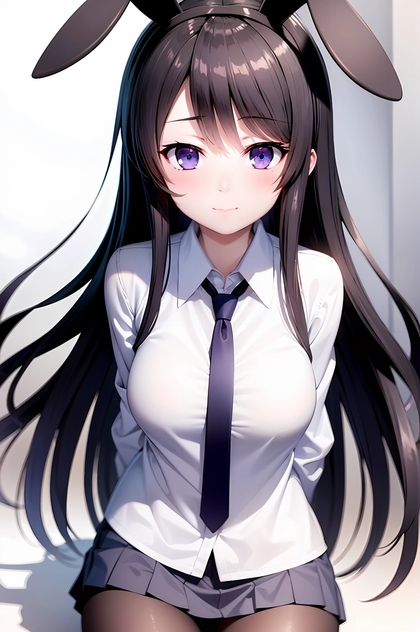 School uniform, white shirt, hose, pleated skirt, tie, rabbit ears, mayijan, faint smile, mid_breats, best quality