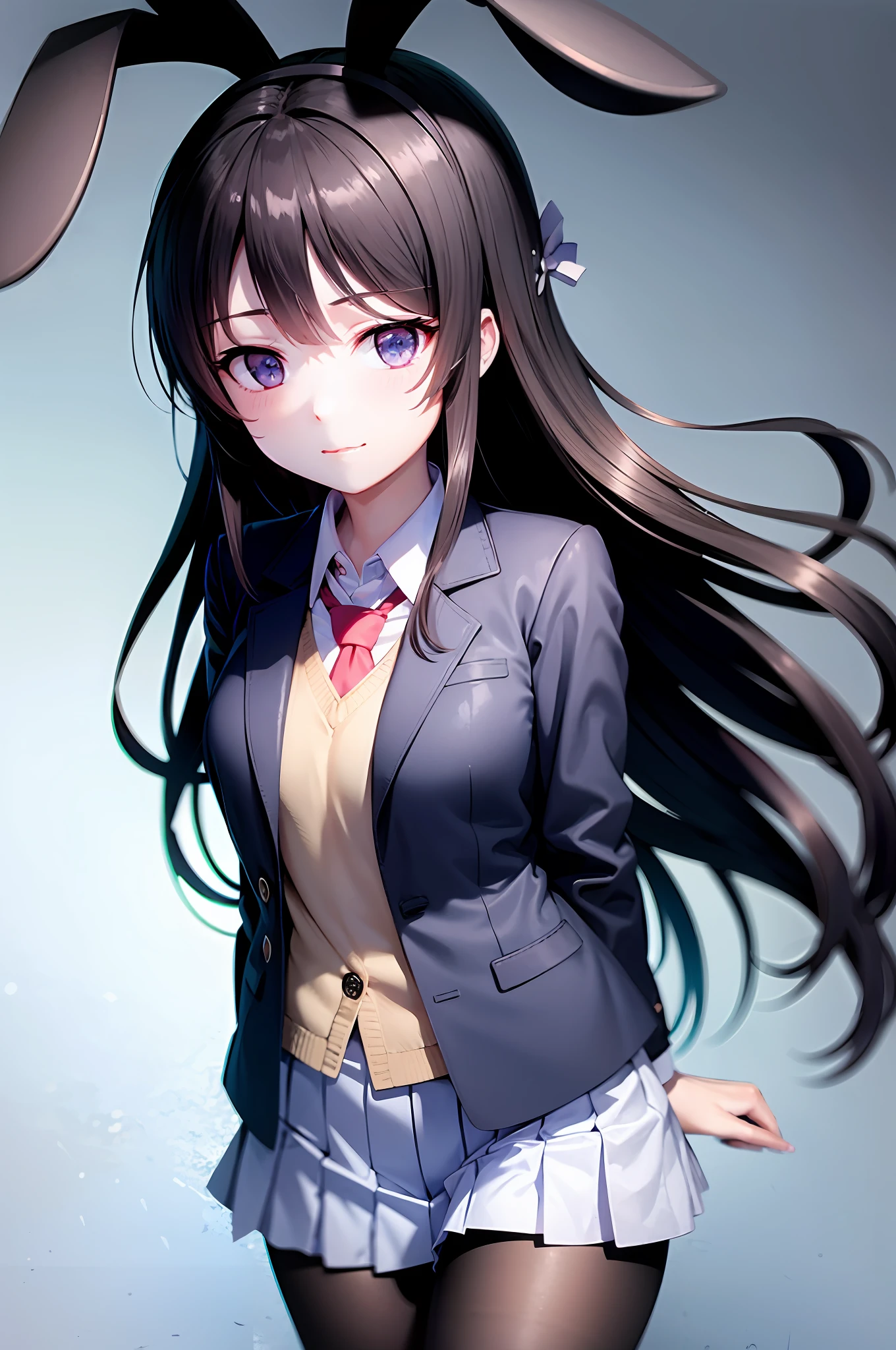 School uniform, white shirt, pantyhose, pleated skirt, tie, rabbit ears, mayijan, faint smile, mid_breats, best quality