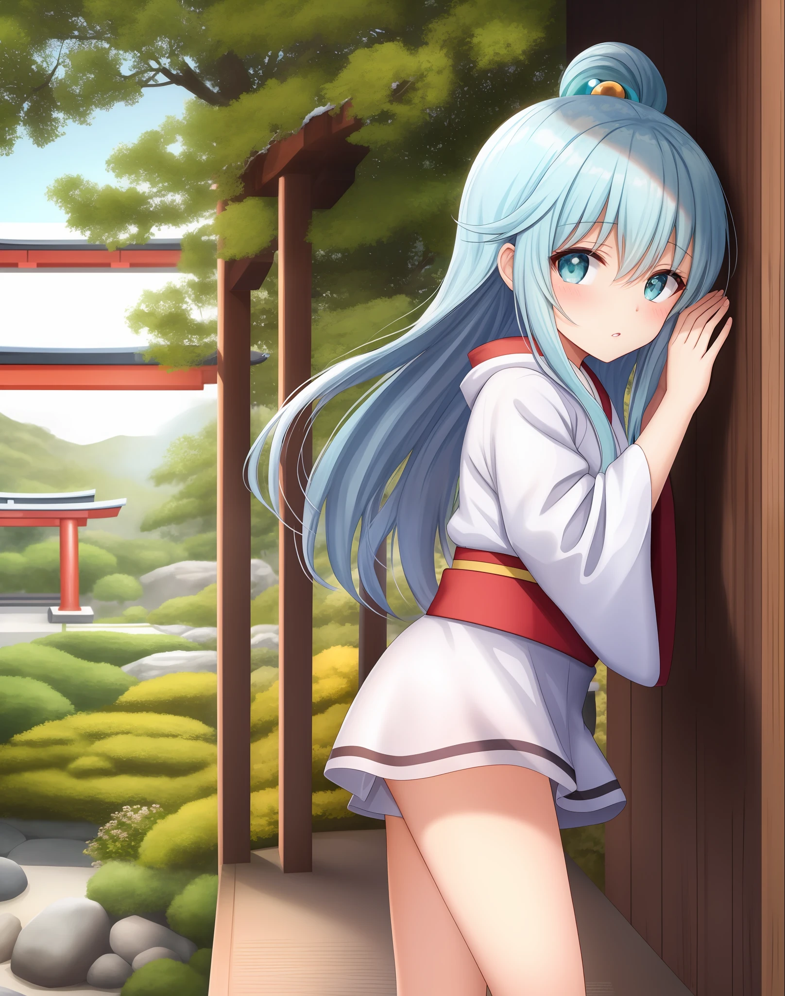 Masterpiece, 4k, Beautiful,quimono, Branco,bordado, cinto de quimono branco com corda dourada,aqua_konosuba usando o quimono, olhos azuis, cabelos longos, cabelos azuis claros, fundo de parede de madeira, Japanese garden background, ume, glossy, Antecedentes detalhados, de frente para o espectador, posar para uma foto, (puffy lips, batom:1.2),