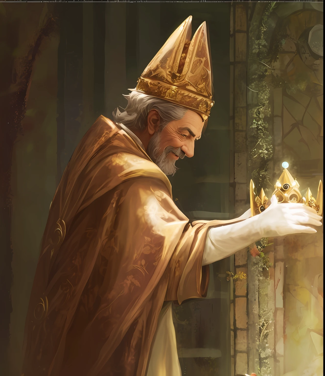 Image of Arafad of an old man holding a golden crown, wrinkles,smil,cleric, picture of a male cleric, granting him a noble title, The Godfather of the Middle Ages, dragon pope, art style of marc simonetti, marc _ Simonetti, style of marc simonetti, hyper detailled | donato giancola,The medieval godfathers wore floral robes