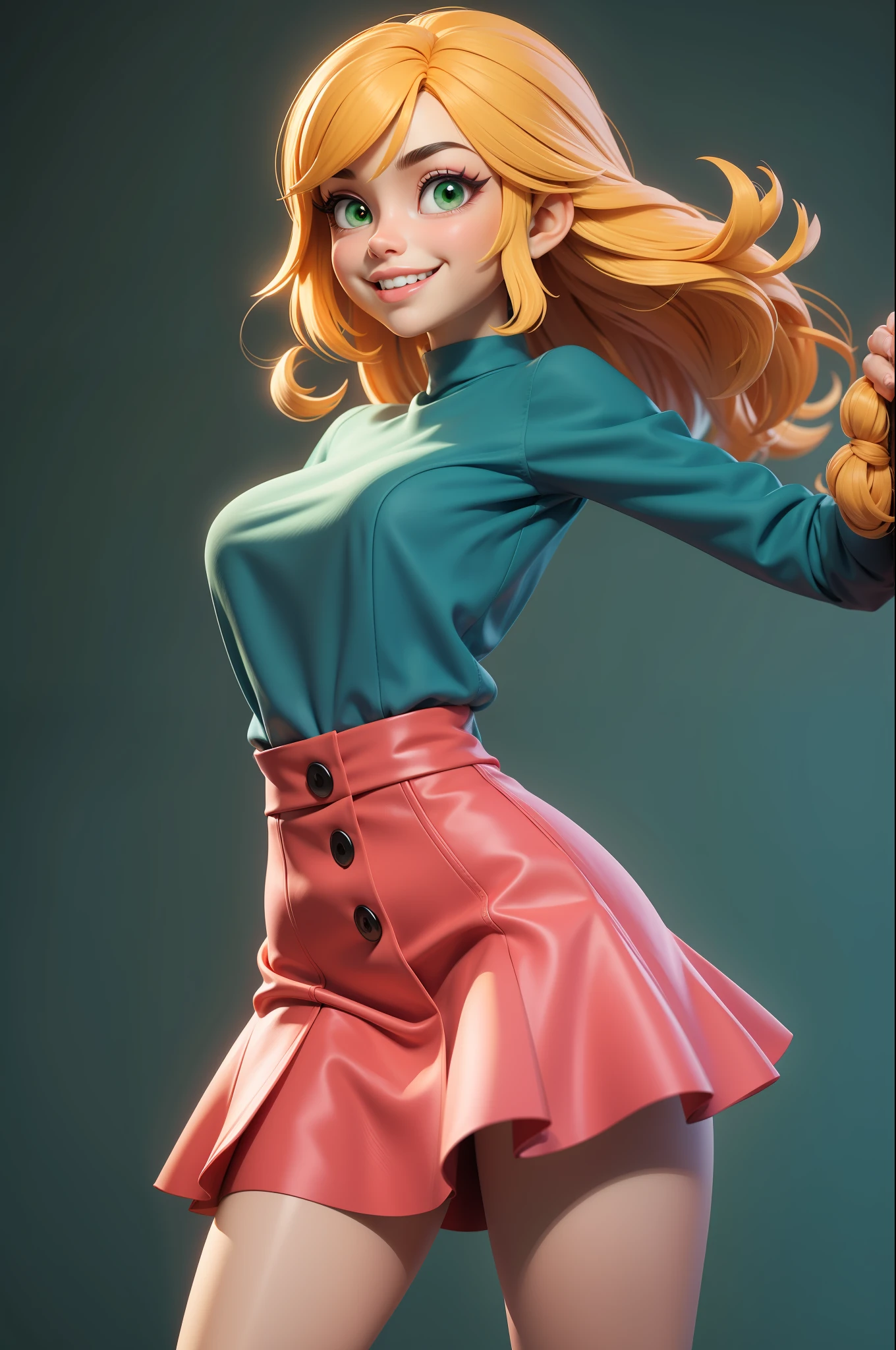 obra-prima, melhor qualidade, trabalho de rending 3d, estilo 3DMM, 3D, 1girl, solo, cabelo multicolorido, cabelo amarelo, cabelo laranja, colar, sardas, joias, cabelo de dois tons, olhando para o lado, realista, de corpo inteiro, fundo simples claro, franja, olhando para longe, cabelo curto, separated-lips, olhos verdes,gotic, gargantilha, maquiagem, vestido rosa claro, sorrindo, lindos dentes, perfect arms, perfect hands, pernas, perfeitas, salto alto amarelo
