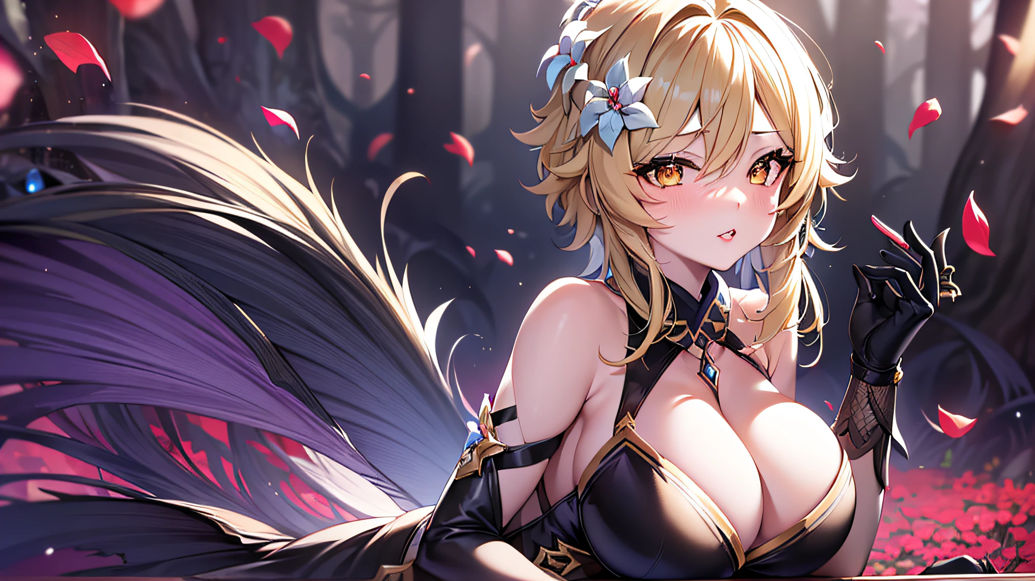 ((Masterpiece)), 1girl, flying through the sky, (Elizabeth liones_seven deadly sins), white leotard, white pleated skirt, pink tight gloves, ruffled stockings, beautiful wings, perfect body, sexy body, petite, super beautiful, panorama, side view, looking away, ((beautiful eyes)), highly detailed, best quality, masterpiece, absurderes, cinematic lightning