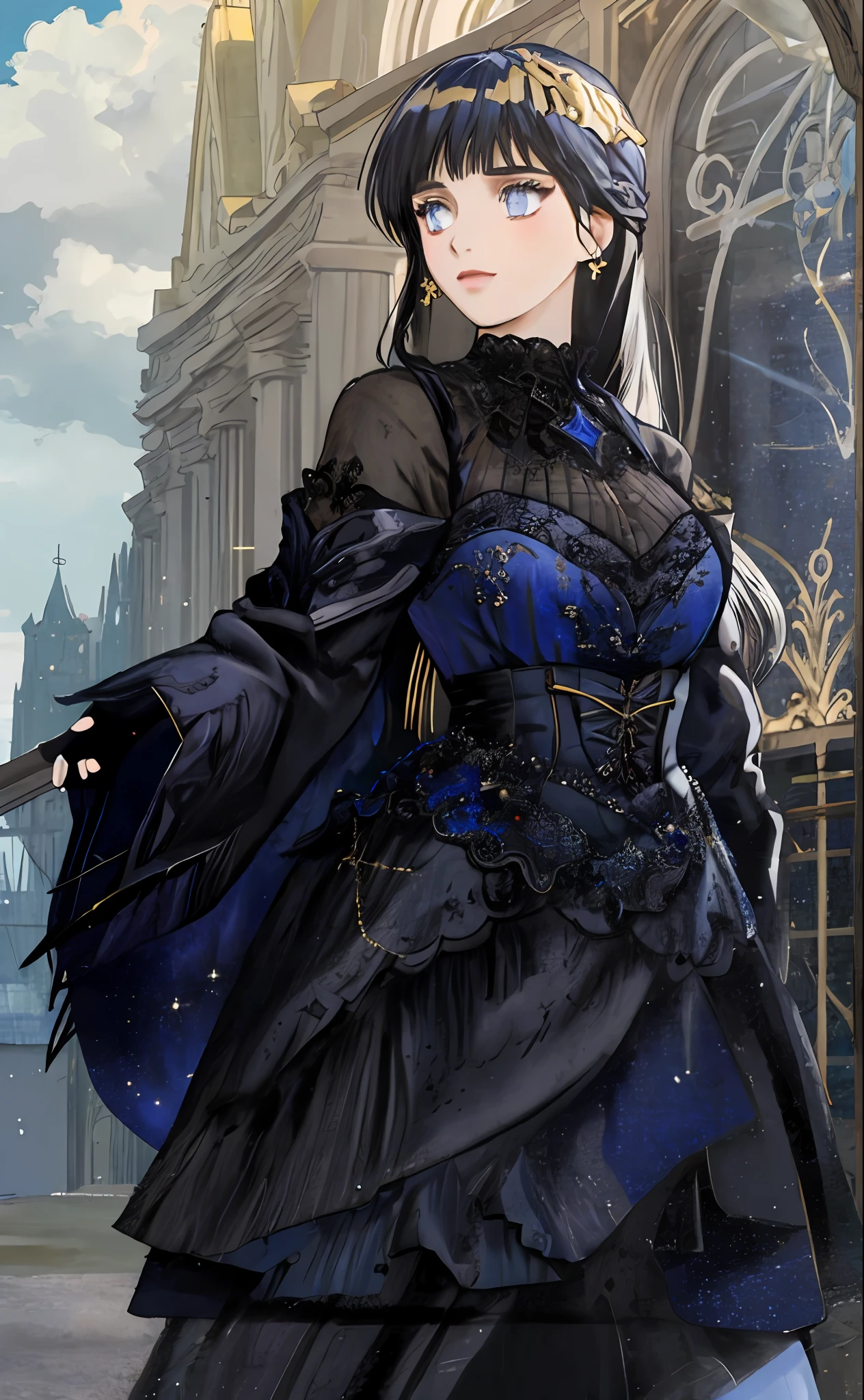 1girl, wearing this dress, beautiful, long hair, from front, fantasy dress, decorative dark blue clothing, magical dress, black gothic lolita dress, regal dark blue clothes, dark astral dress, gold brocaded dark blue clothes, elegant dark blue dress, dark blue and black, dark blue clothes, wearing fantasy formal clothing, big dark blue ribbon in back waist, shinning, glitter