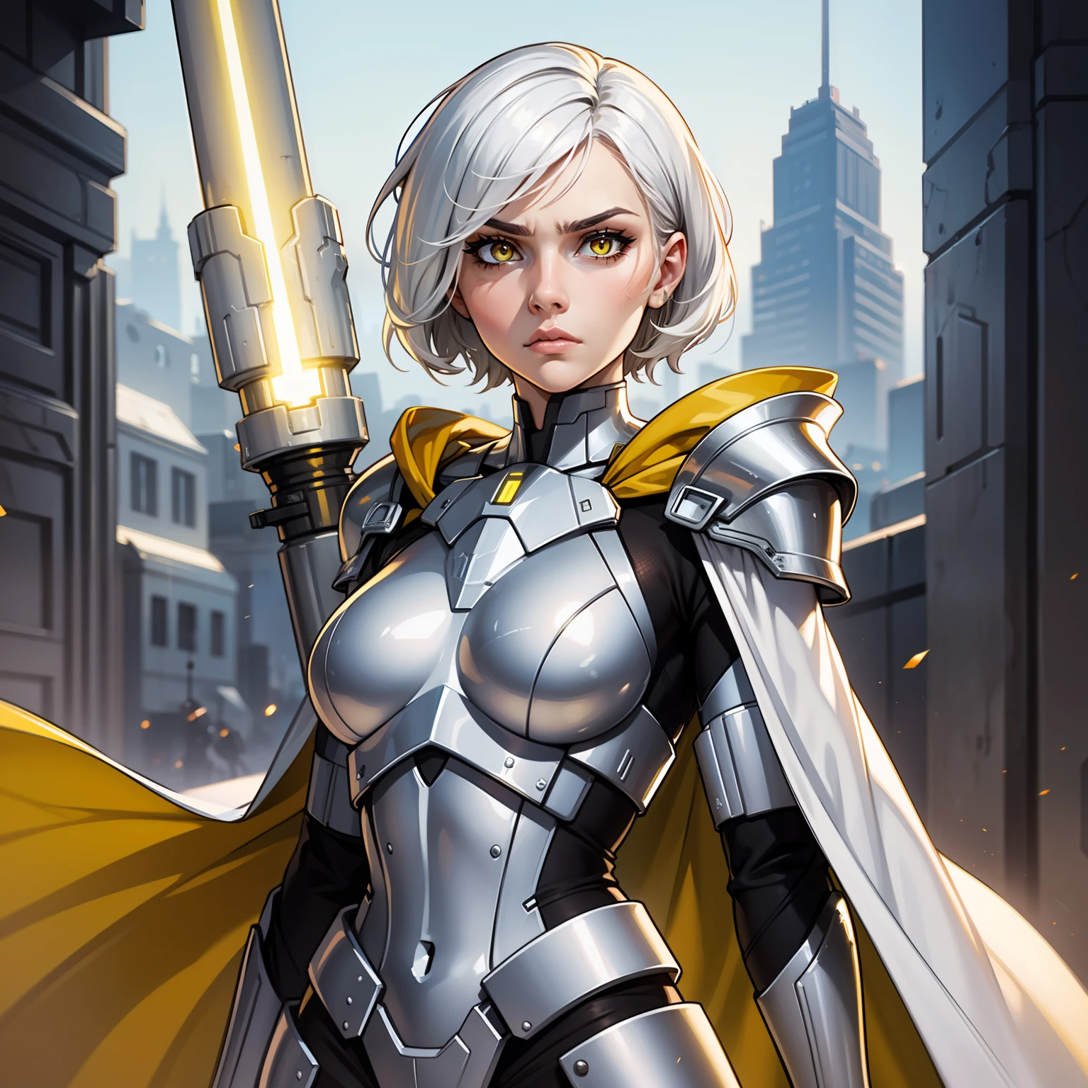 Yellow lightsaber in hand, short hair, concentrated face, combat attire, white hair, yellow eyes, white metal armor, android, human appearance, adult female, dress cape