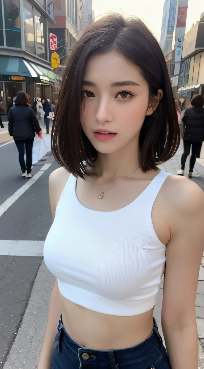 ((Realistic lighting, Best quality, 8K, Masterpiece: 1.3)), Clear focus: 1.2, 1girl, Perfect Figure: 1.4, Slim Abs: 1.1, ((Dark brown hair)), (White crop top: 1.4), (Outdoor, Night: 1.1), City streets, Super fine face, Fine eyes, Double eyelids,