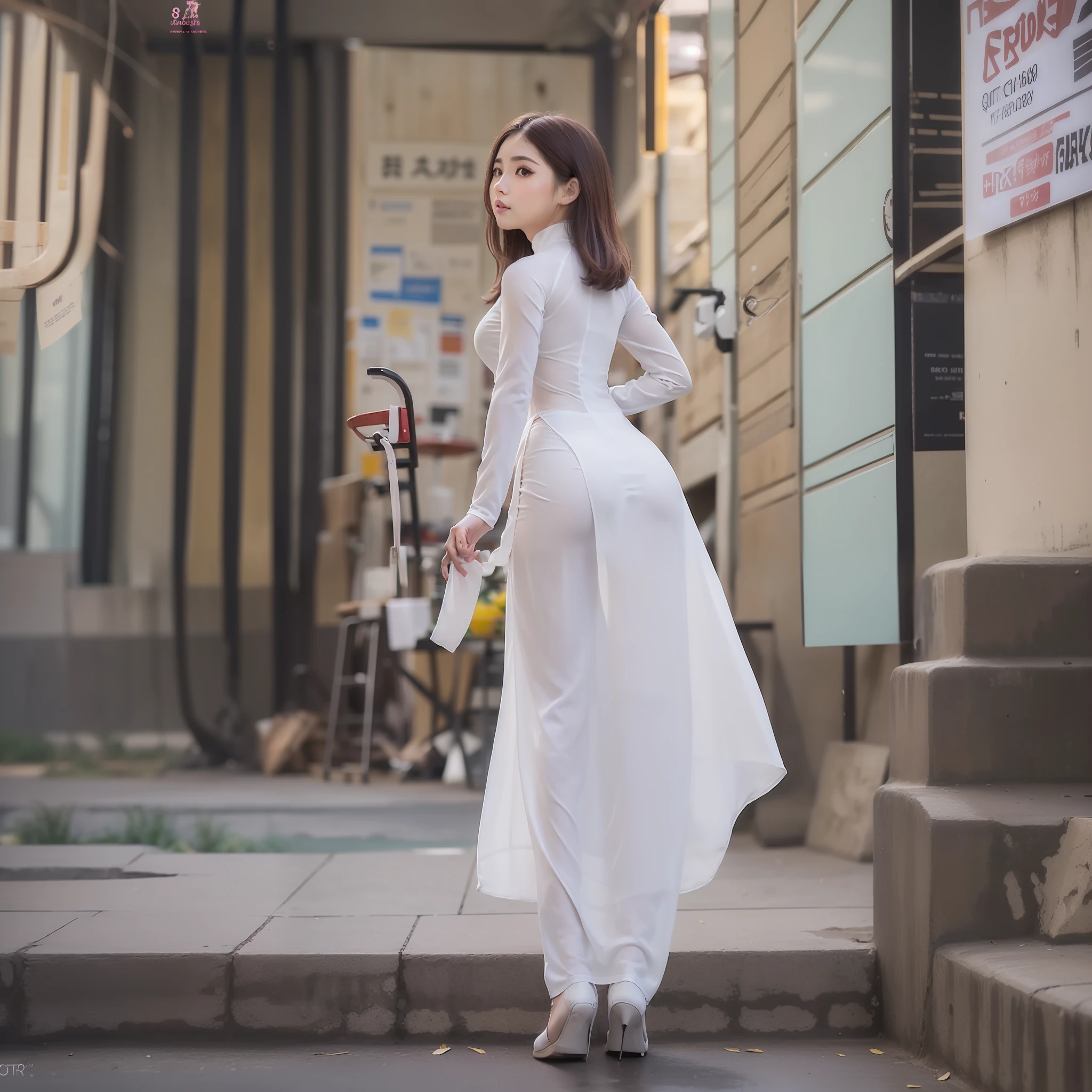 ((Best quality, 8k)),1 girl in a white aodai with full body and perfect figure :1.4, posing for spank, white ao dai, a beautiful woman in white aodai, looking from behind