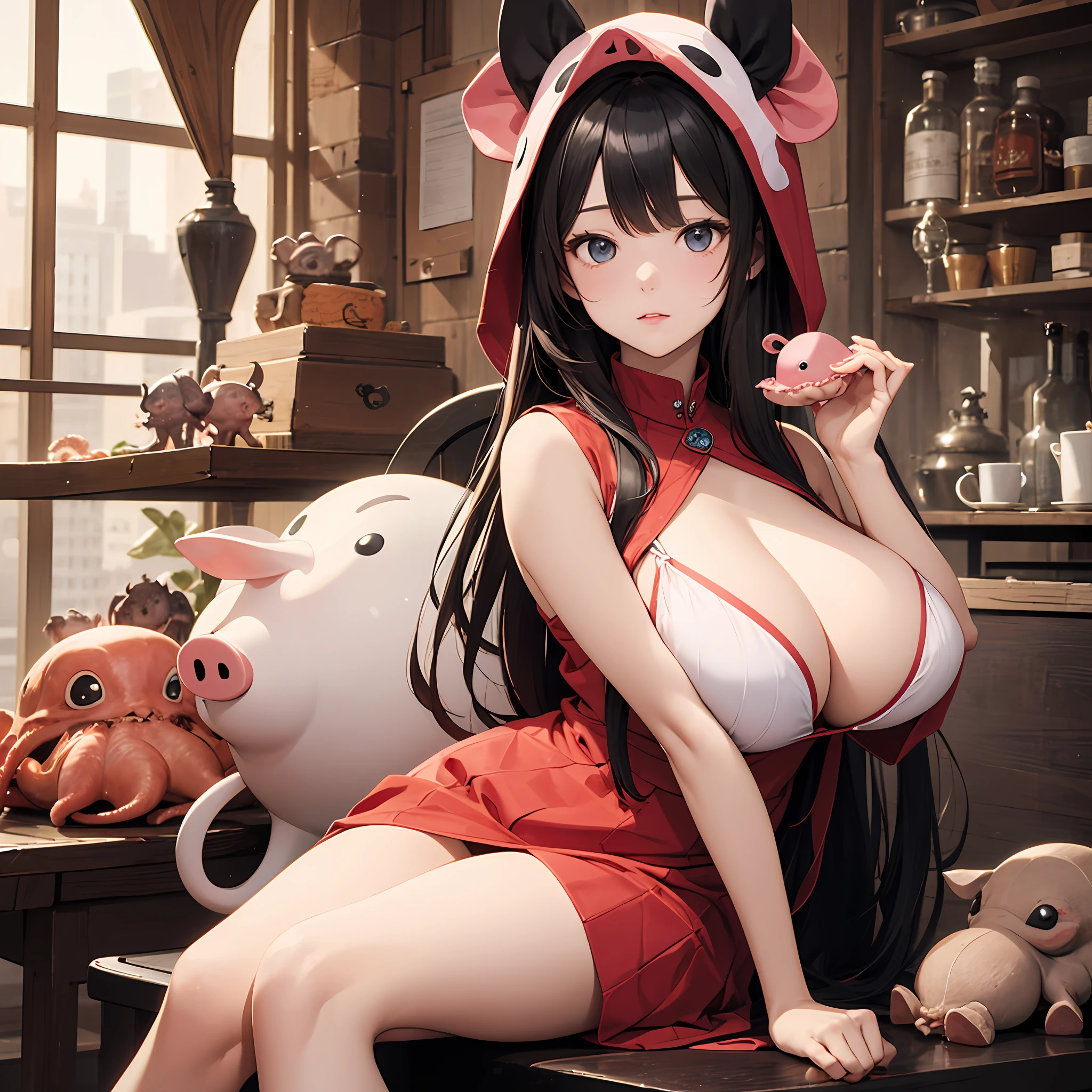 HighestQuali，The clearest，a sense of atmosphere，1girl huge large breasts，black har，smallbreast，Sit Pose， Q version，Wear a pig head cover，lovly，Holding a cute octopus doll --auto