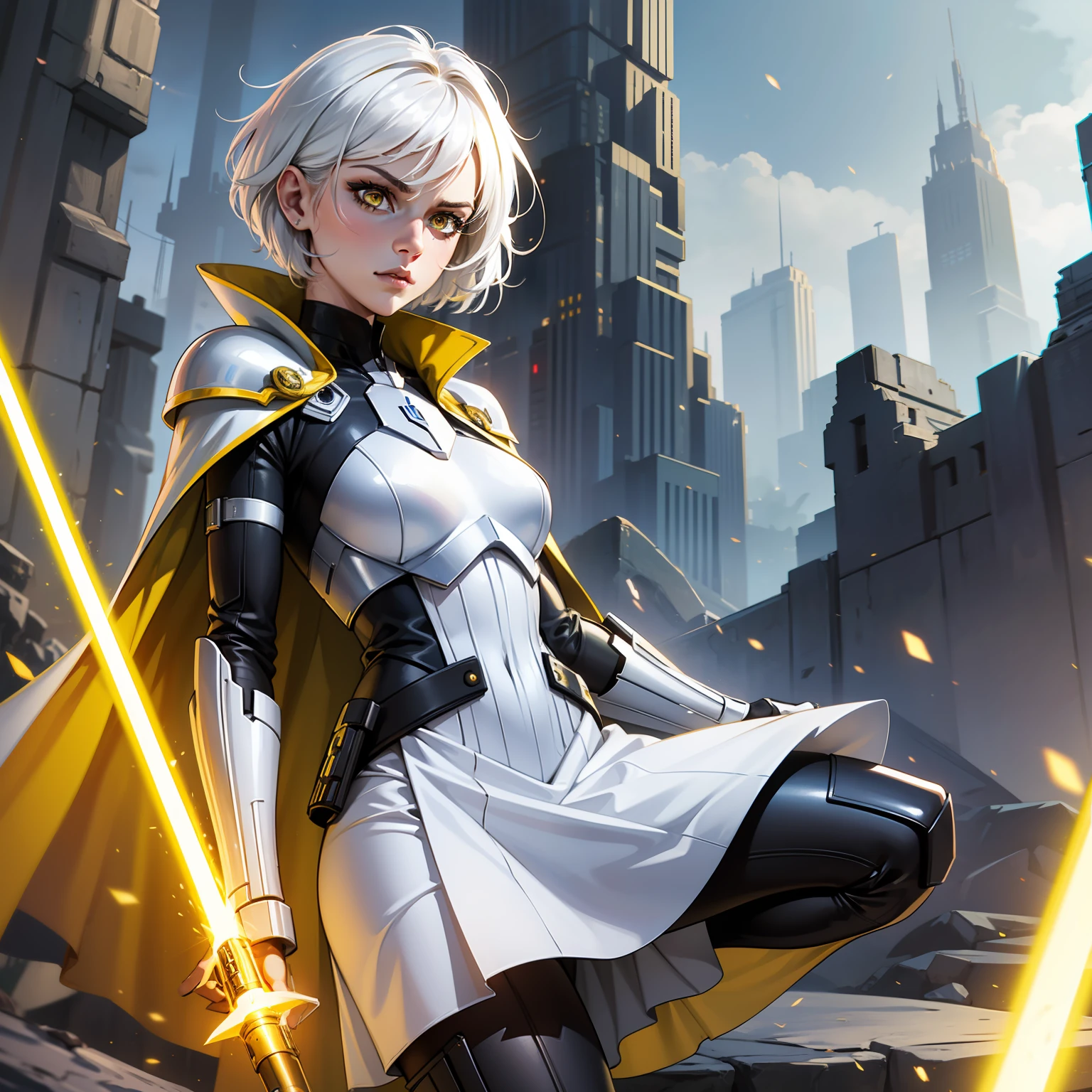 Yellow lightsaber in hand, short hair, concentrated face, combat attire, white hair, yellow eyes, white armor, android, human appearance, adult female, dress cape
