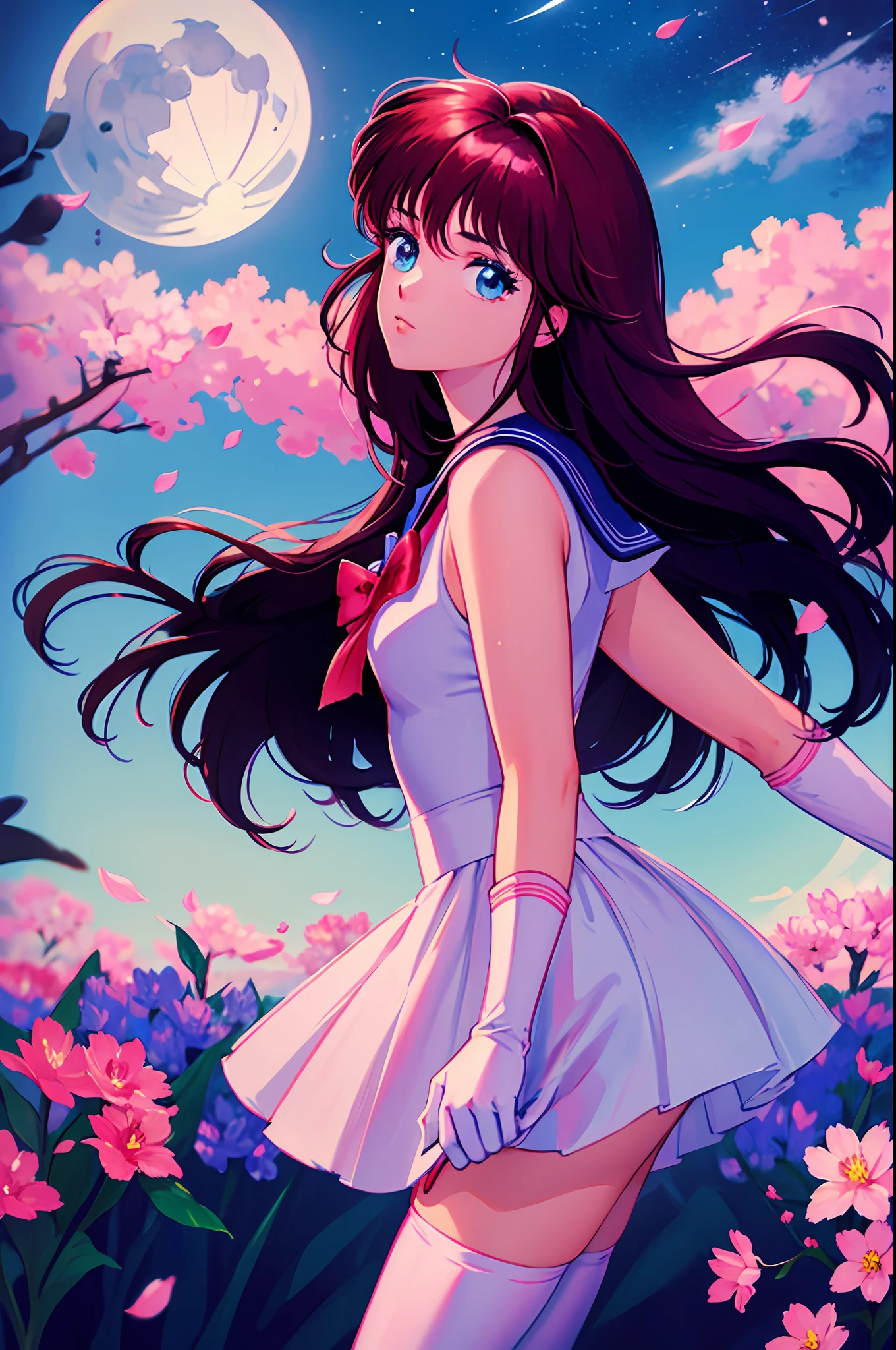 intricate details, best quality, masterpiece,long hair, pink hair, flower hair ornaments,wind blown hair, hair framing, absurdres, soft light, thighhighs, outdoors, looking at viewer, hair ornament, blue eyes, pink long hair, bangs, hair between eyes, eternal sailor moon,sailor senshi, night sky, cherry blossoms, detailed face, face focus, shiny skin, nigh sky, moonlight, moon, white gloves, magical girl