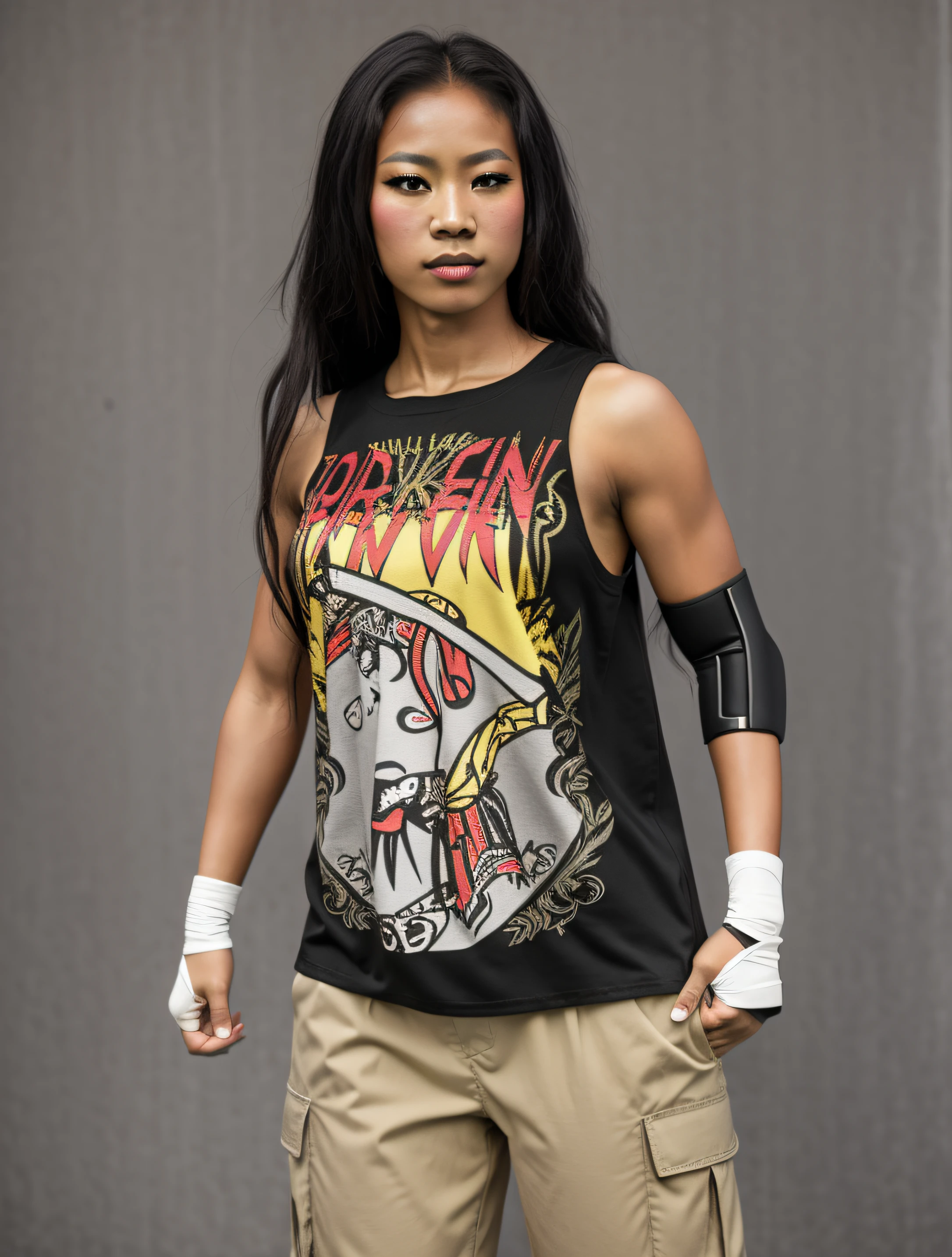 Blasian female wrestler, in black yellow red and grey shirt with a band logo, black elbow pad on the left arm, white hand-wraps, brown cargo pants, wearing eye-shadow, hands outside of pockets, photo realistic, intricate details
