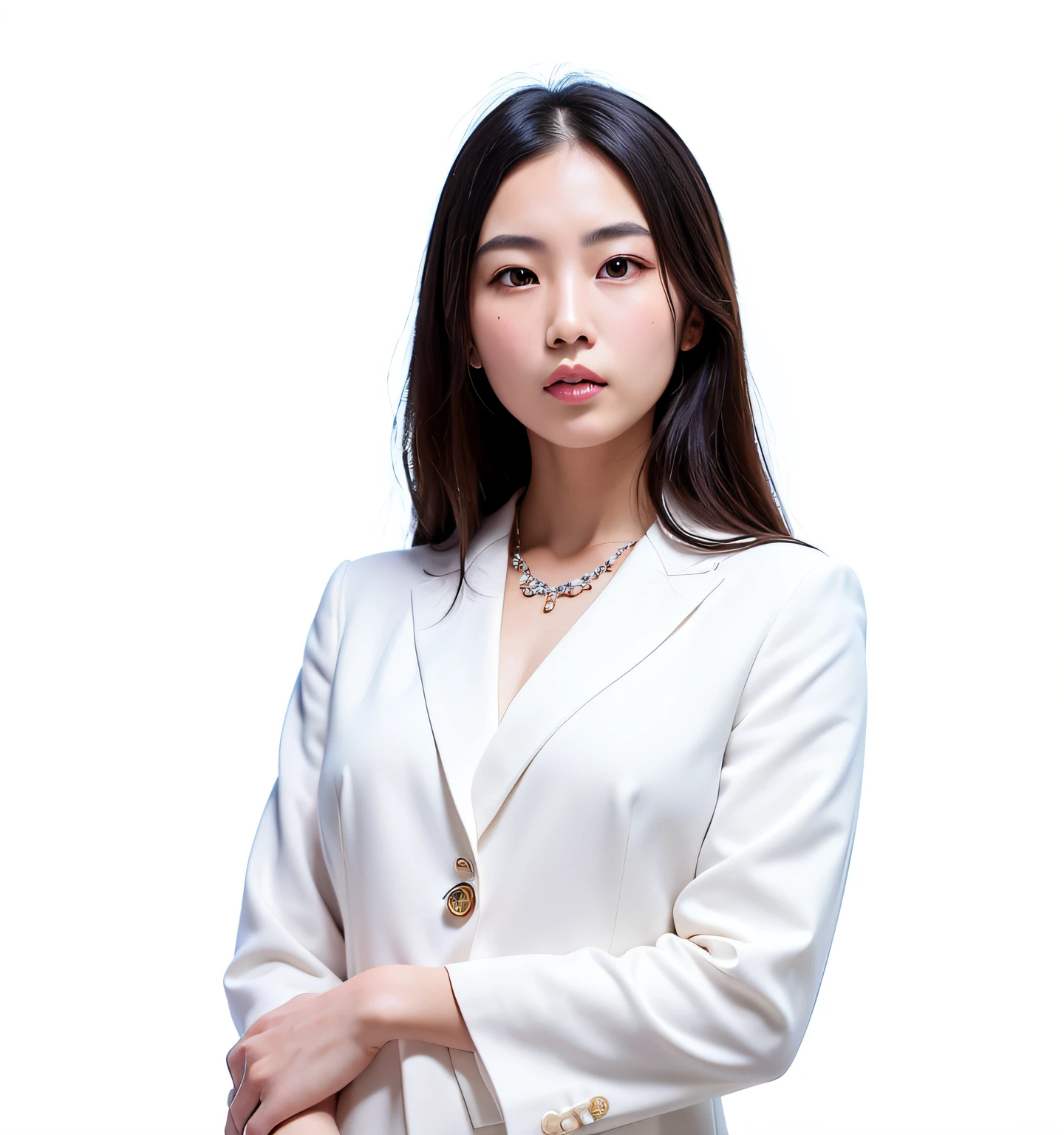 (Digital portrait is recommended+digital art portrait)A Chinese woman,White suit，Black silky hair, The skin color is the color of an Asian face，Detailed portraiture，Identity is corporate white-collar worker，Delicate my facial features，Delicate necklace，Exquisite jewelry，White or Chinese woman on background,Bright colors are required。