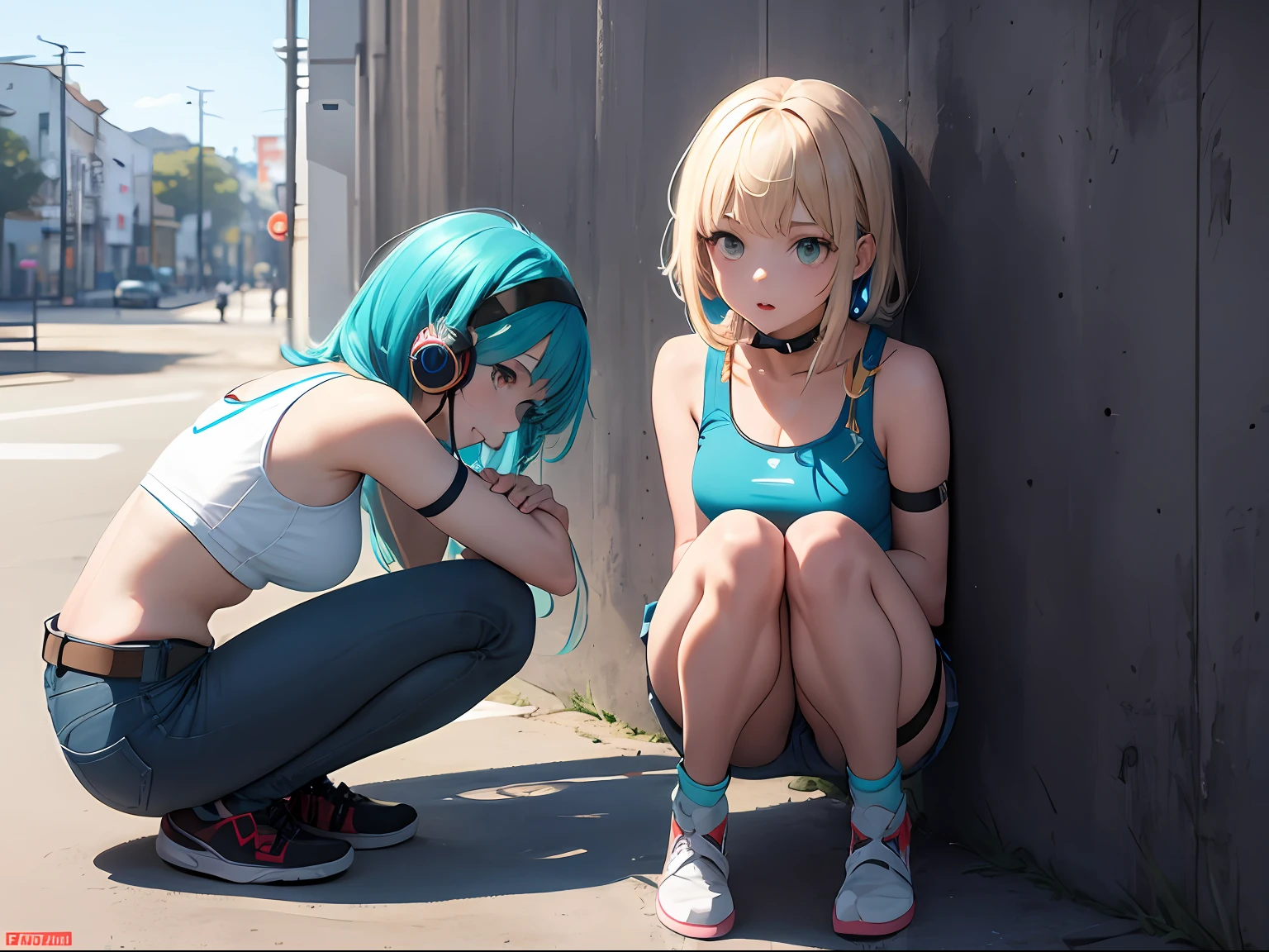 巨作, 最好质量, 1girl in, 独奏, croptop, Denim shorts, chokers, (doodletits:1.5), , arms behind back, Hitting a wall, watch audience, Armbands, thigh strap, tilt of the head, tedium, O cabelo multicolorido, Aqua Eye, headset on head,((squatting down))、