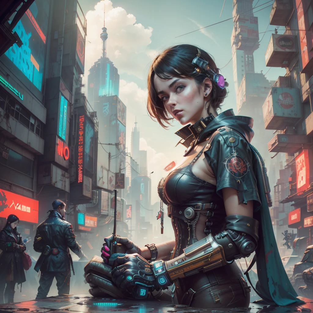 Imagery of a Young Knight, [female:1.25, black haired, beautiful, stern], resting beside a stone portal, close-up, [trees, mountains:-1], Painterly Aesthetics, in the style of [GTA, Dishonored2, Animal Crossing, Castlevania], Drawn by Ayami Kojima & Peter Mohrbacher & Alena Aenami, (Retro-Futurism & Cyberpunk themed:1.5),